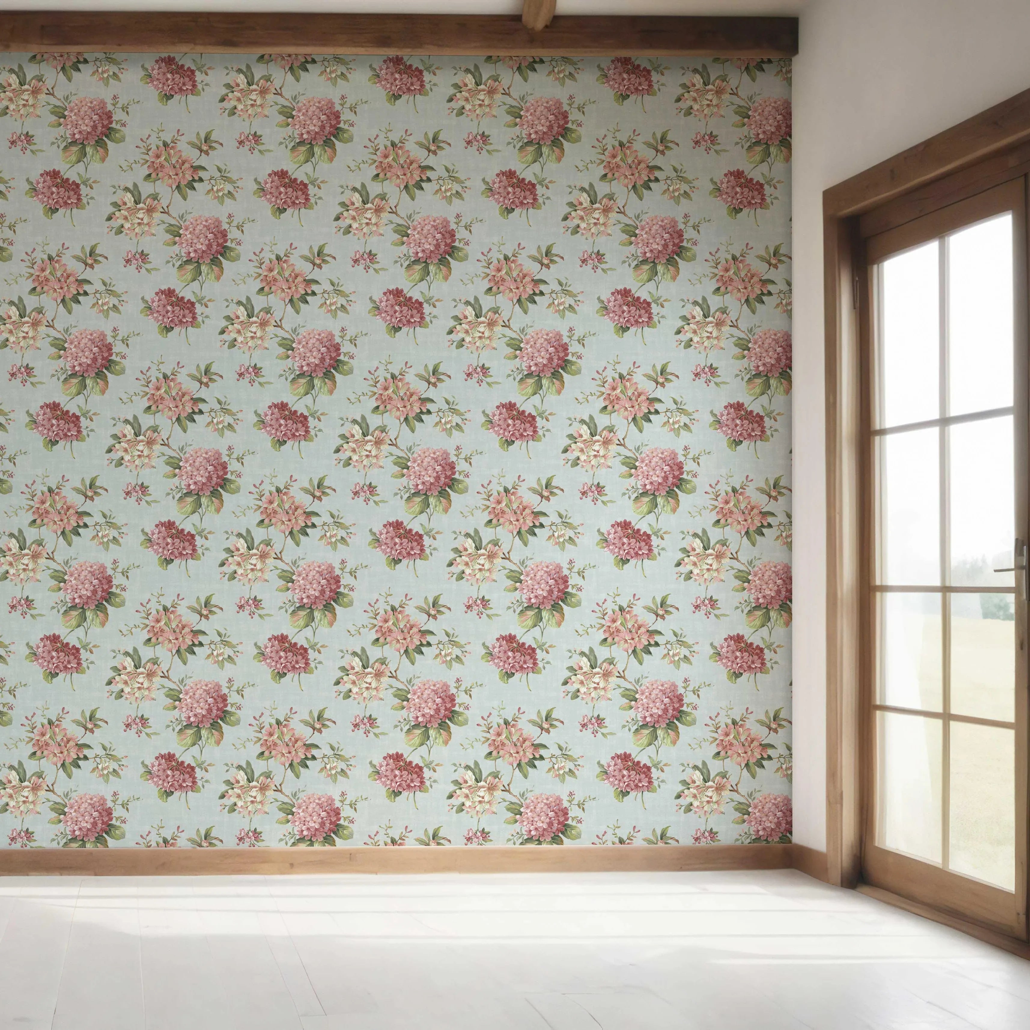 Modern Floral Block Print Bedroom Wallpaper Sample (Blue/ Pink/ Green)