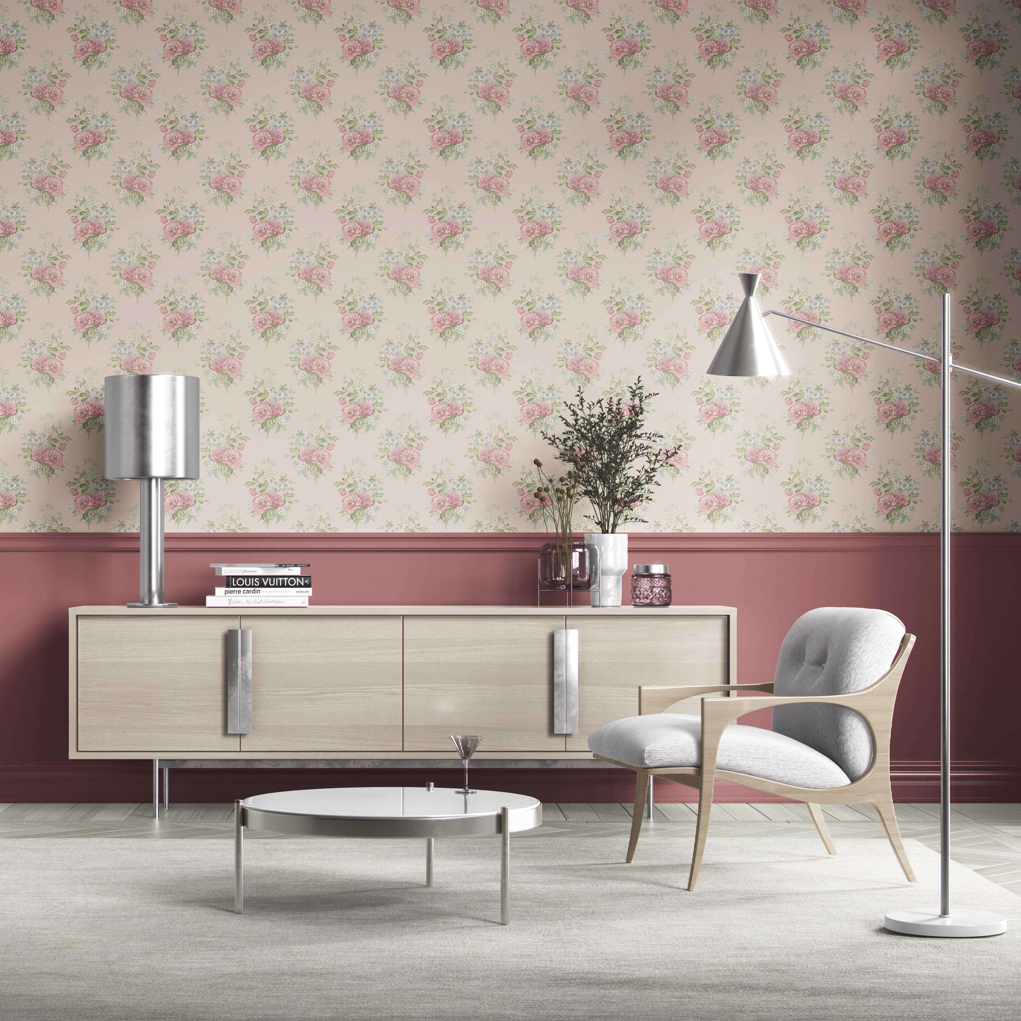 Floral Block Print Kitchen Wallpaper Sample (Blush Pink/ Blue/ Green)