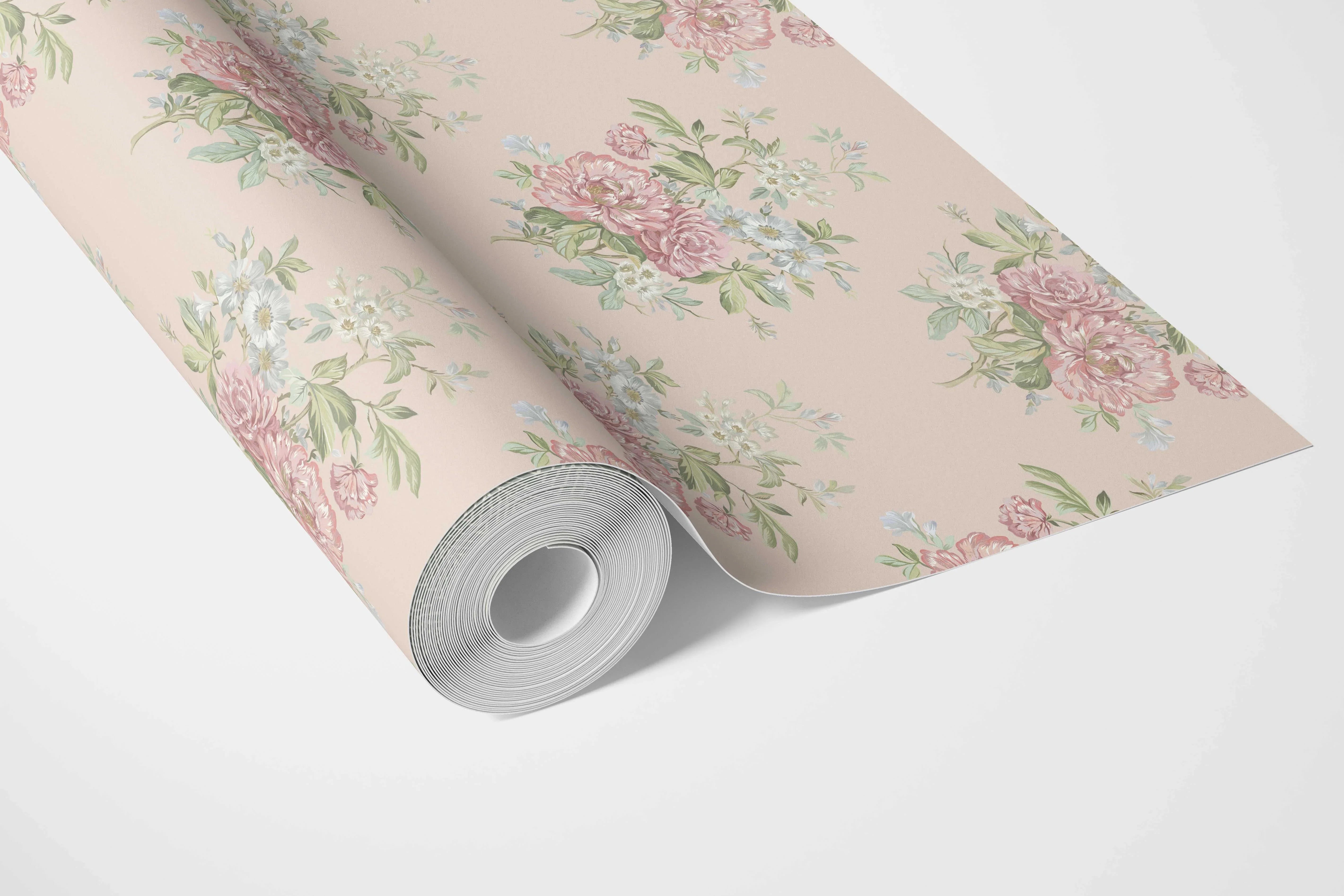Floral Block Print Bathroom Wallpaper Sample (Blush Pink/ Blue/ Green)