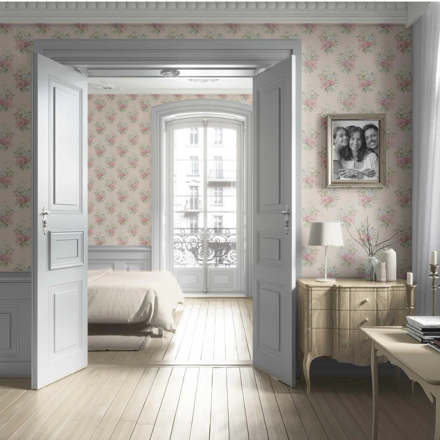 Floral Block Print Living Room Wallpaper Sample (Blush Pink/ Blue/ Green)