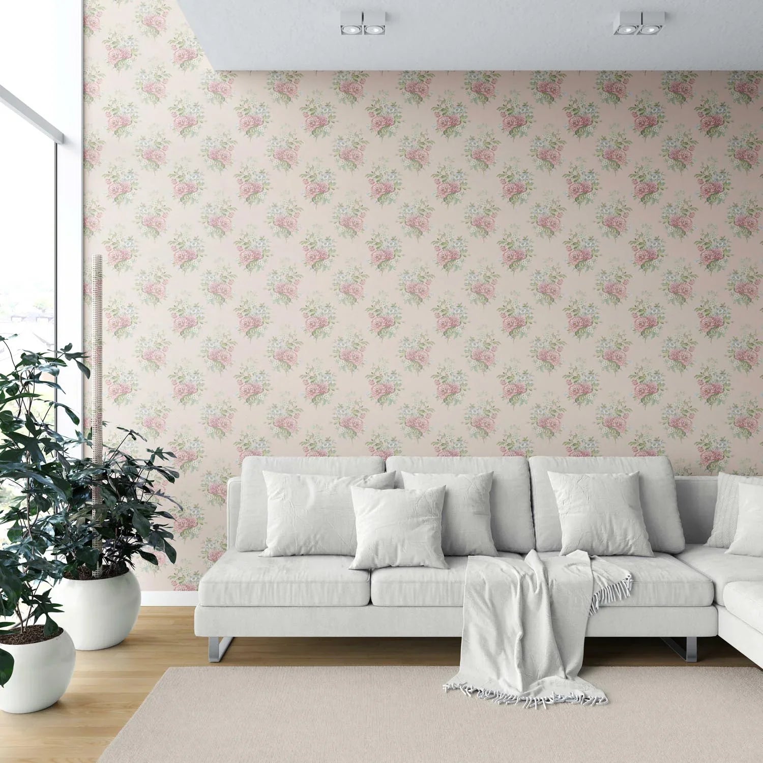 Floral Block Print Shower Toilet Wallpaper Sample (Blush Pink/ Blue/ Green)