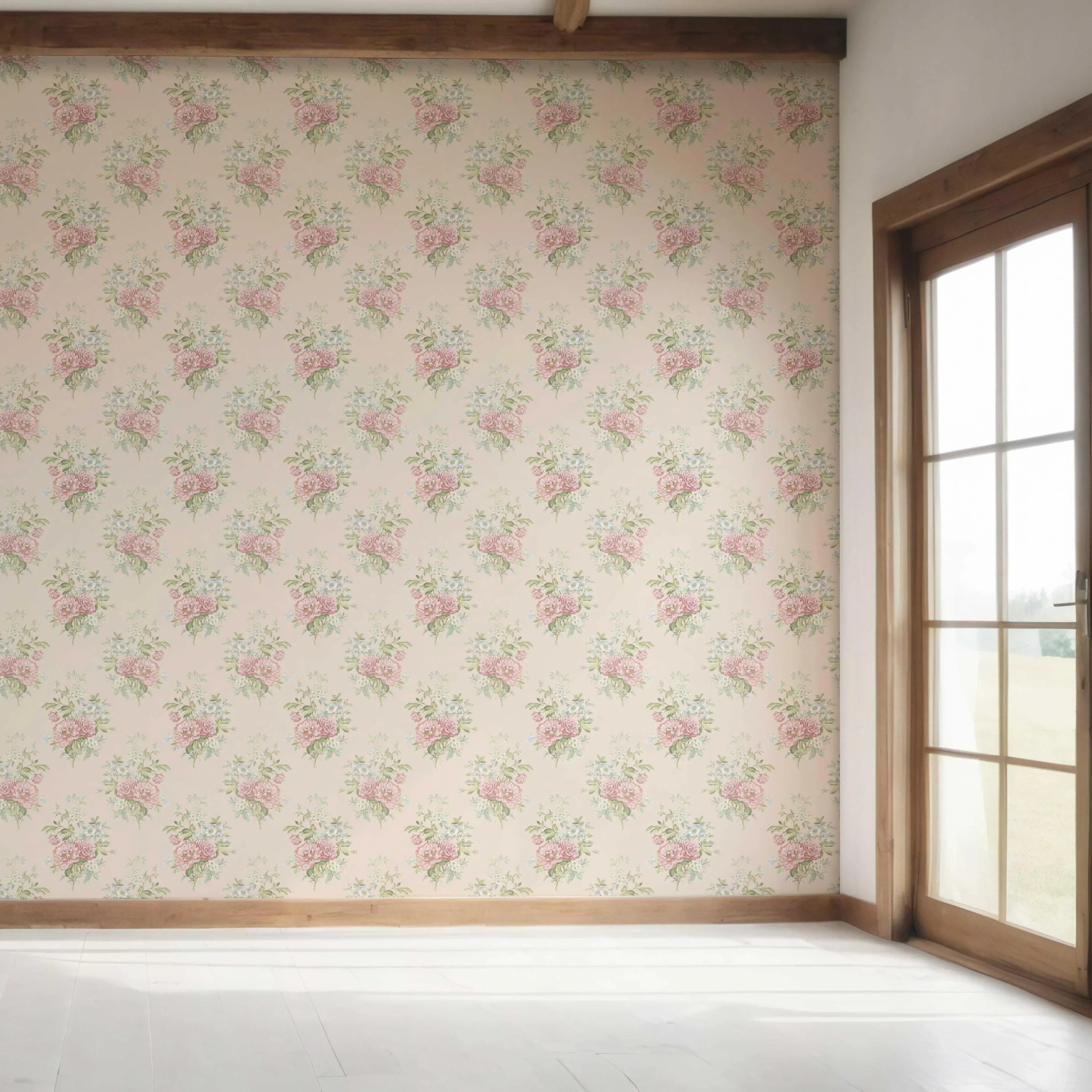 Floral Block Print Bedroom Wallpaper Sample (Blush Pink/ Blue/ Green)