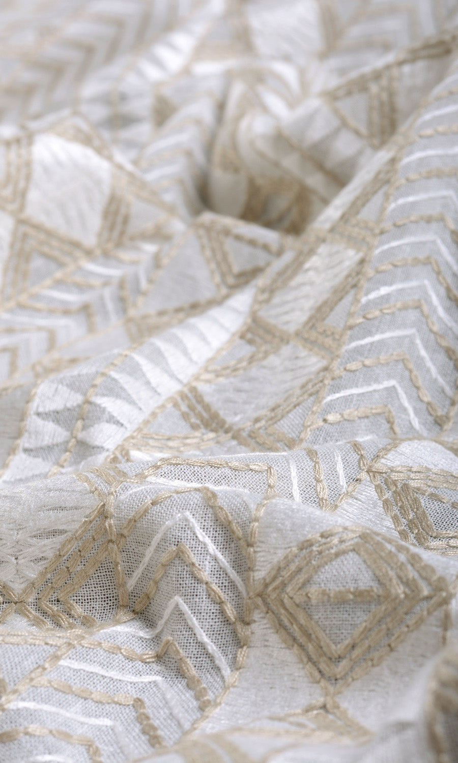Geometric Patterned Sheer Fabric By the Metre for Curtains & Drapes (White/ Beige)