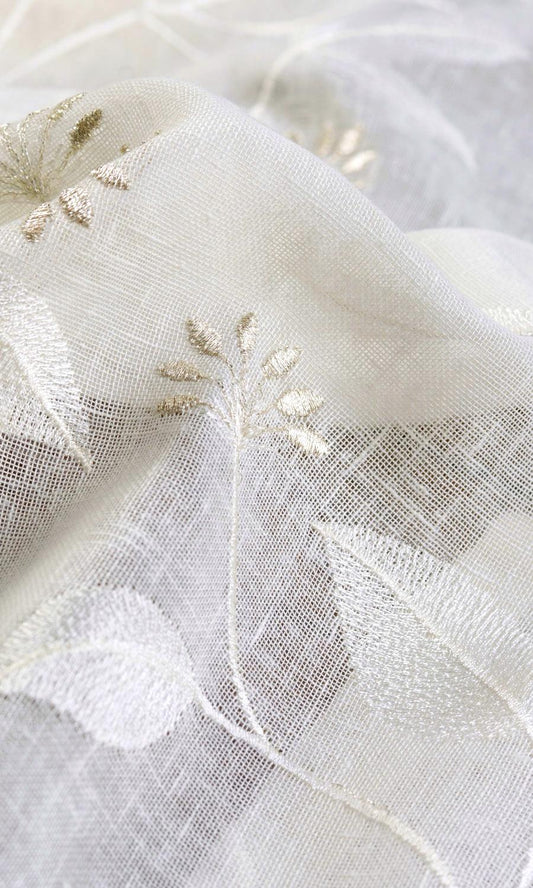 White floral embroidered linen textured sheer curtains