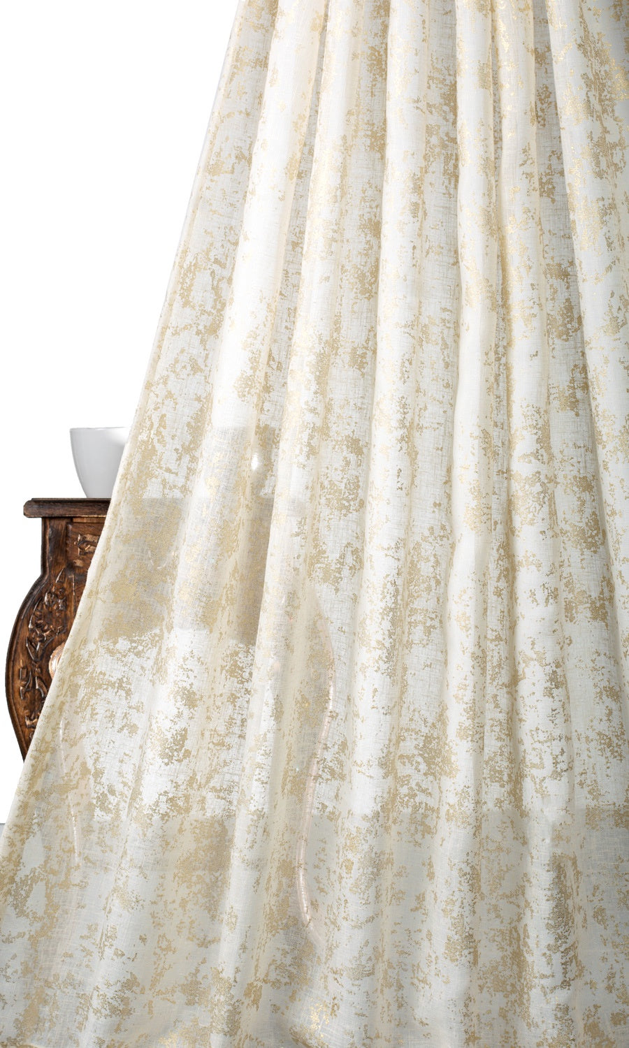 Metallic Print Semi-Sheer Home Textile Fabric Material Sample (White/ Golden)