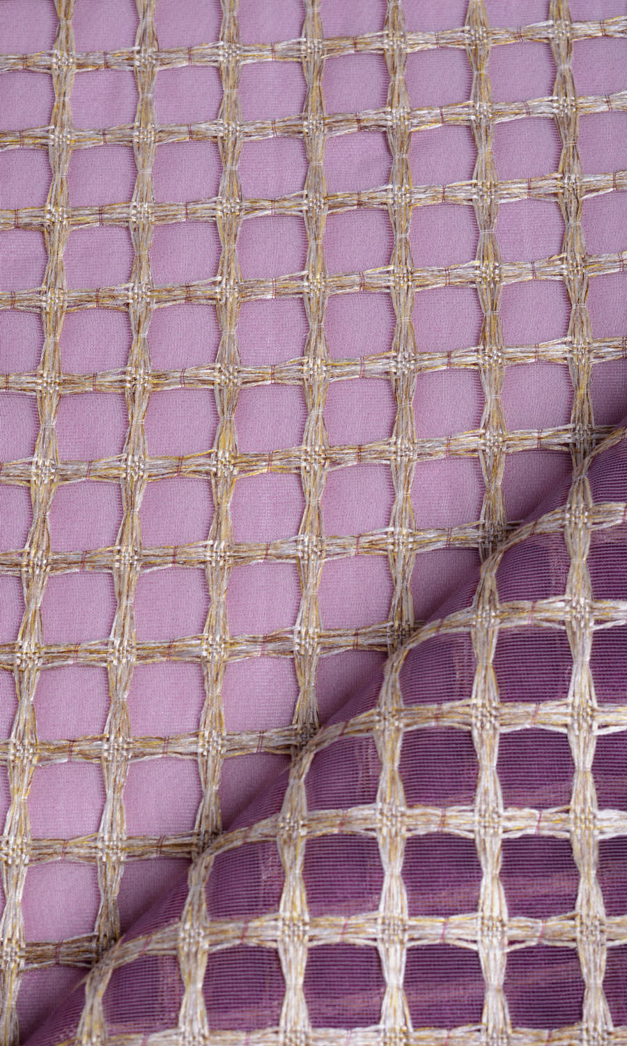 Embroidered Check Sheer Home Textile Fabric Material Sample (Purple and Gold)