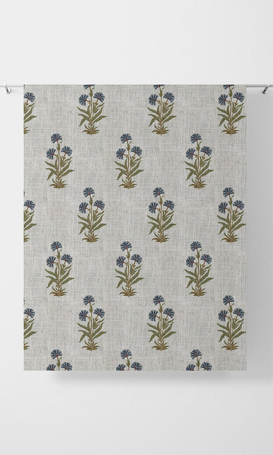 Floral Home Décor Fabric By the Yard (White/ Navy Blue/ Green)