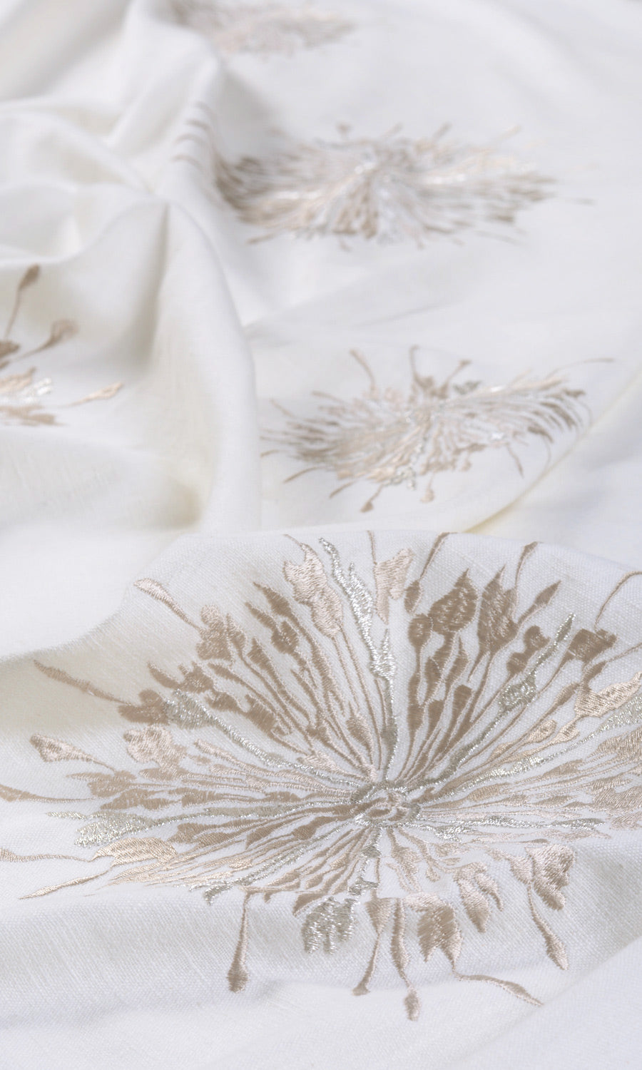 Sunburst Embroidered Fabric By the Metre for Curtains & Drapes (White & Pale Beige)