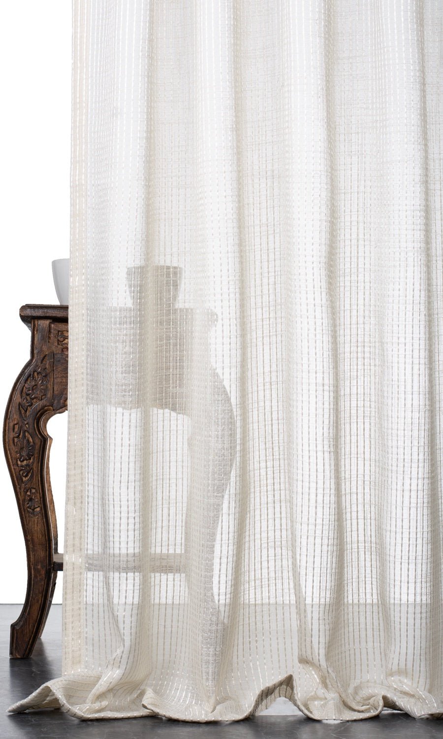 Embroidered Striped Sheer Window Treatments Fabric By the Metre (Creamy Beige)
