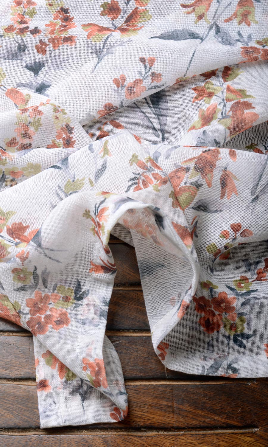 Floral Print Sheer Fabric Material By the Metre (White/ Orange)