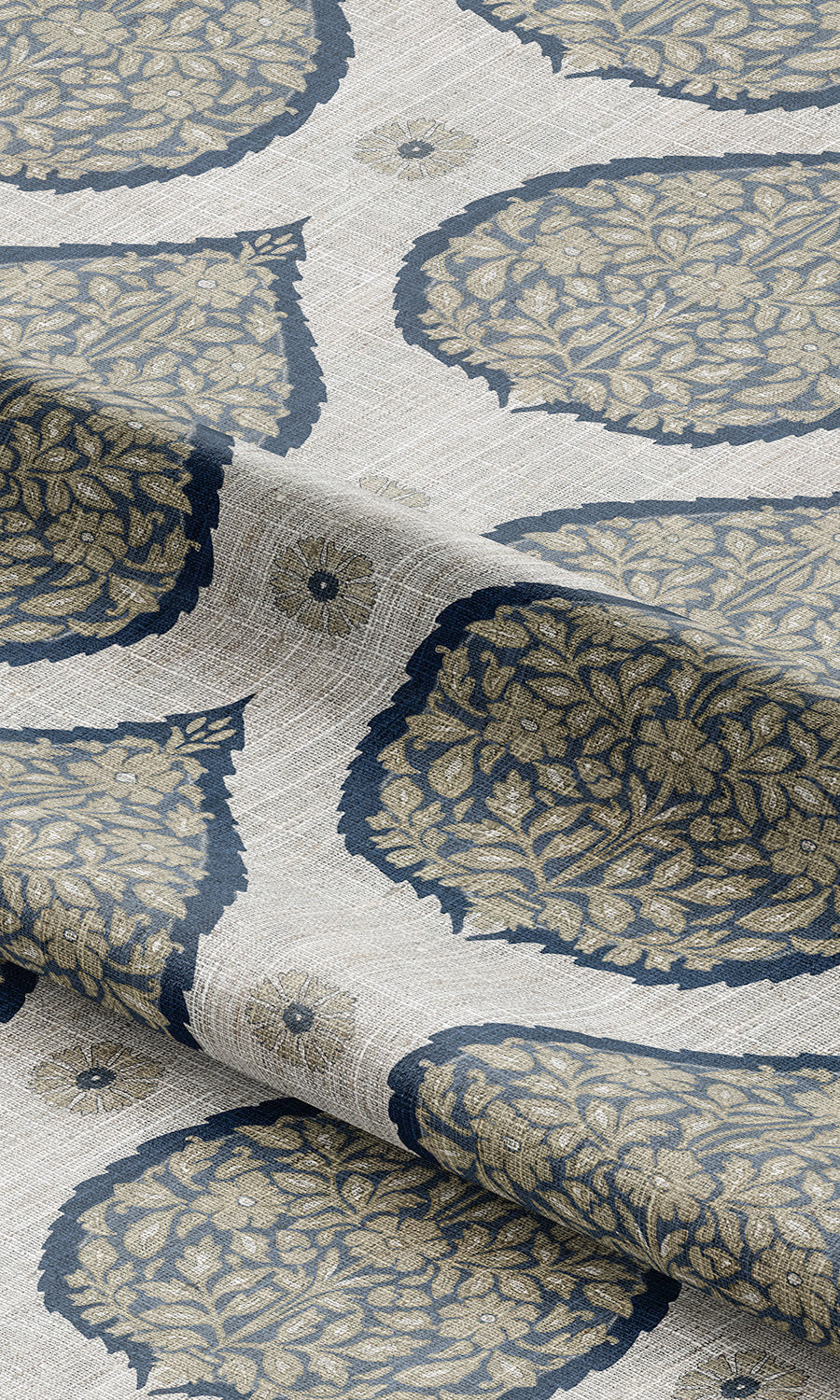 Paisley Fabric Material By the Metre (Navy Blue/ Beige)