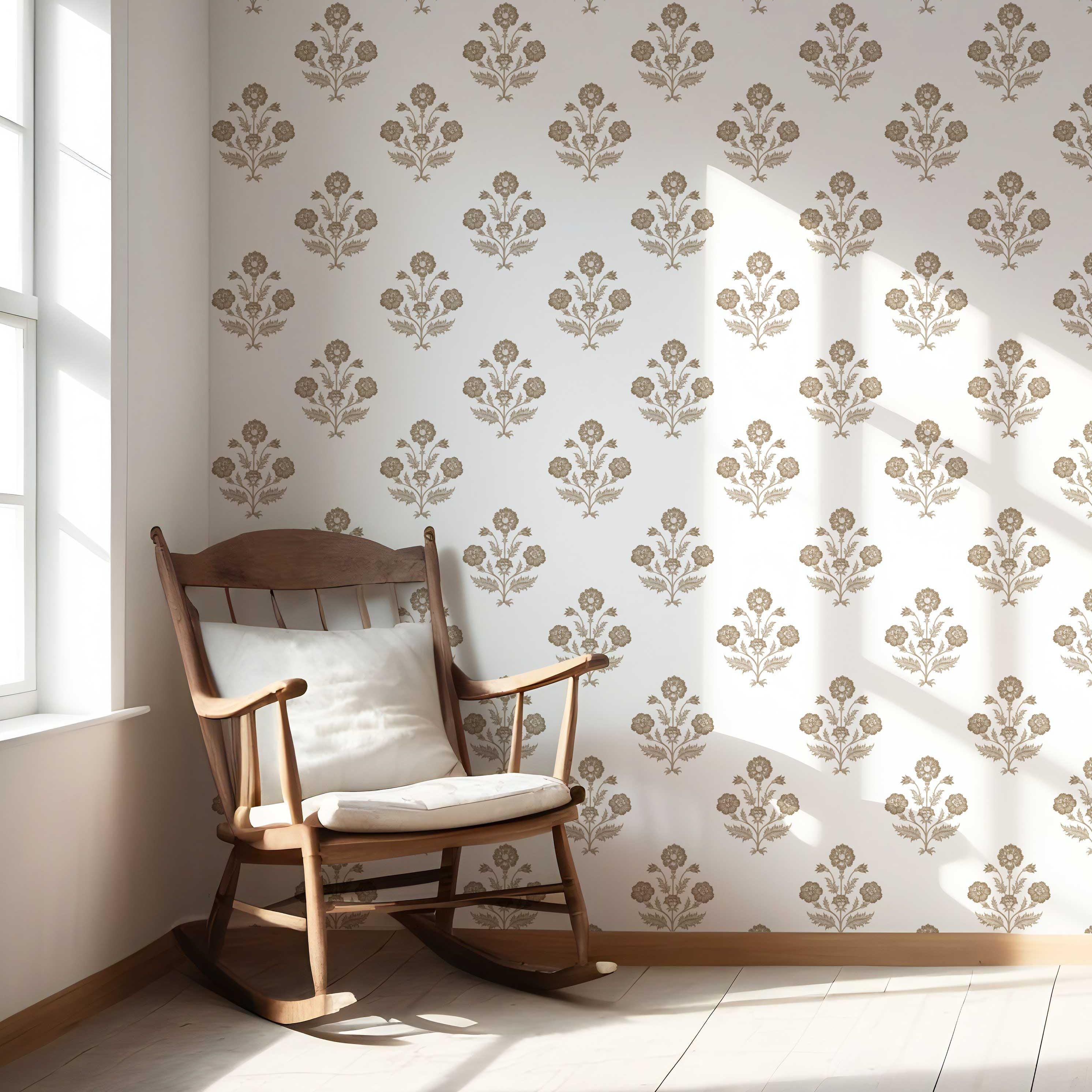 Neutral Floral Block Print Nursery Wallpaper Sample (Brown/ White)