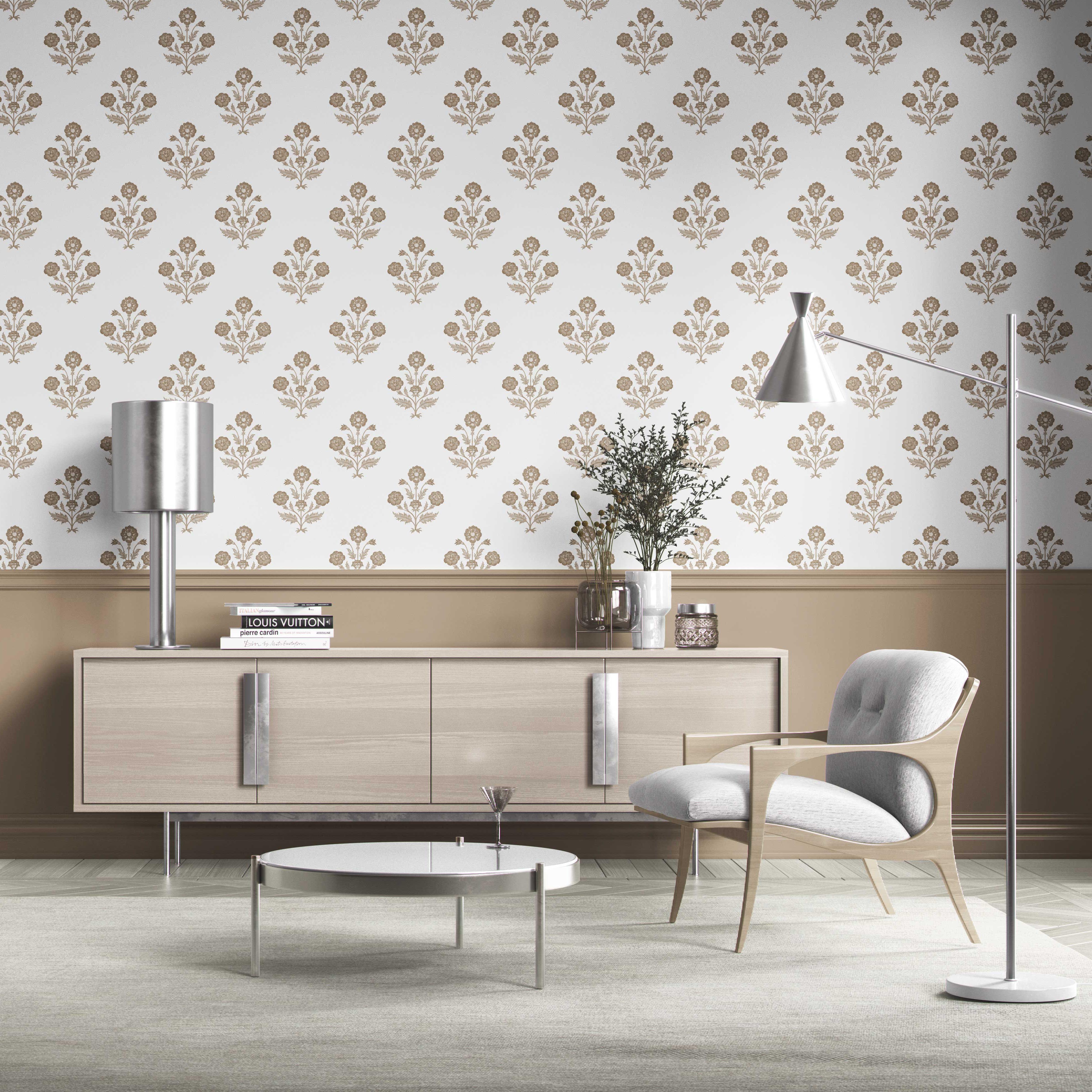 Neutral Floral Block Print Kitchen Wallpaper Sample (Brown/ White)