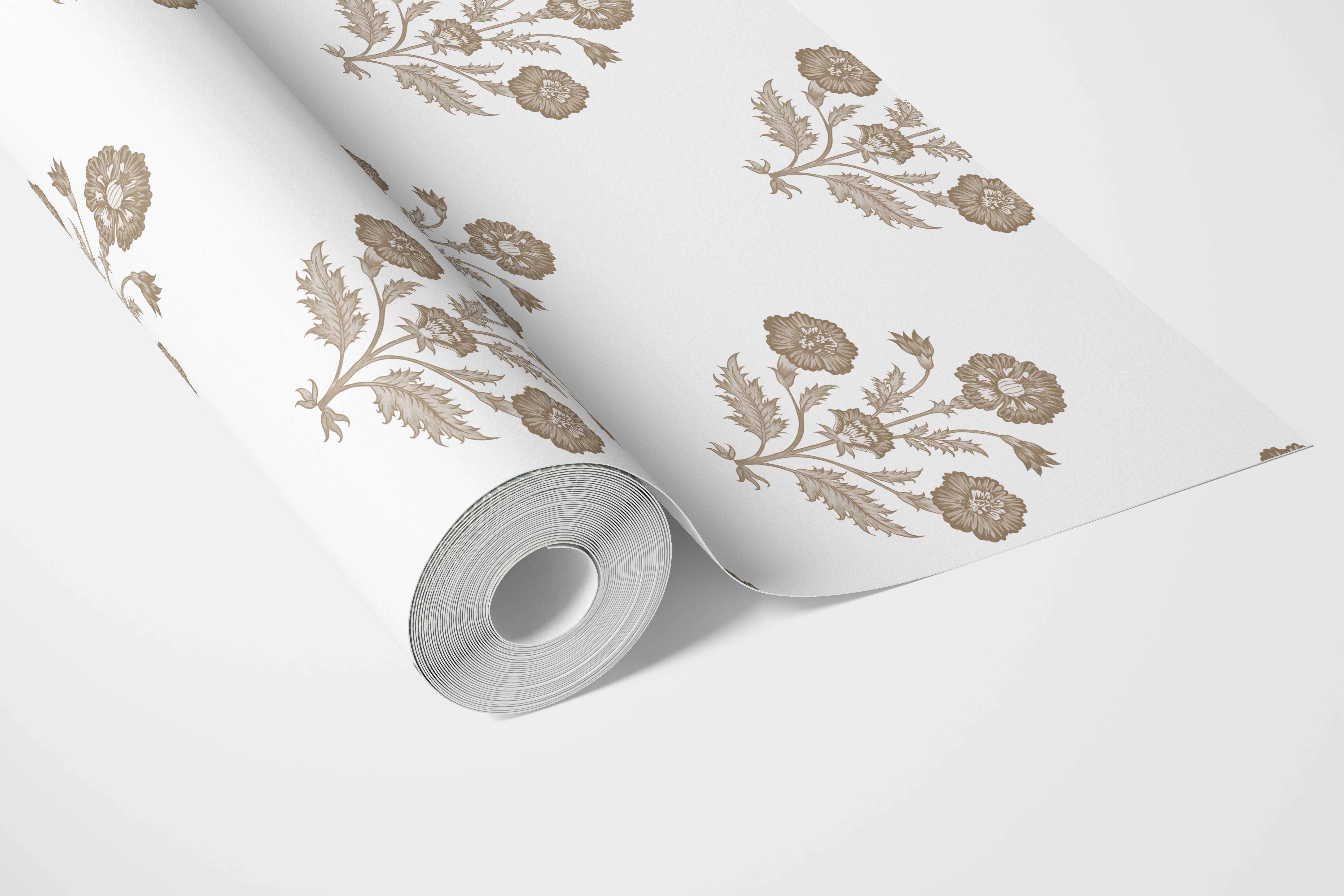 Neutral Floral Block Print Bathroom Wallpaper (Brown/ White)