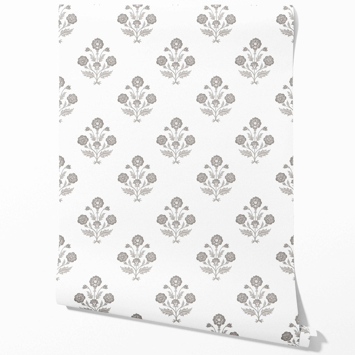 Neutral Floral Block Print Traditional Wallpaper (Stormy Gray/ Taupe/ White)
