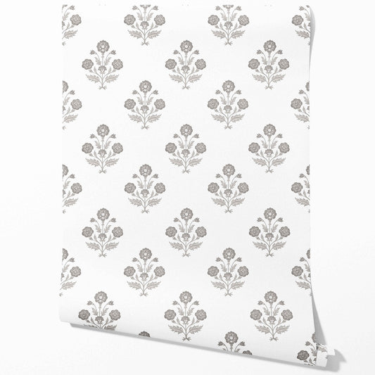 Neutral Floral Block Print Traditional Wallpaper (Stormy Gray/ Taupe/ White)