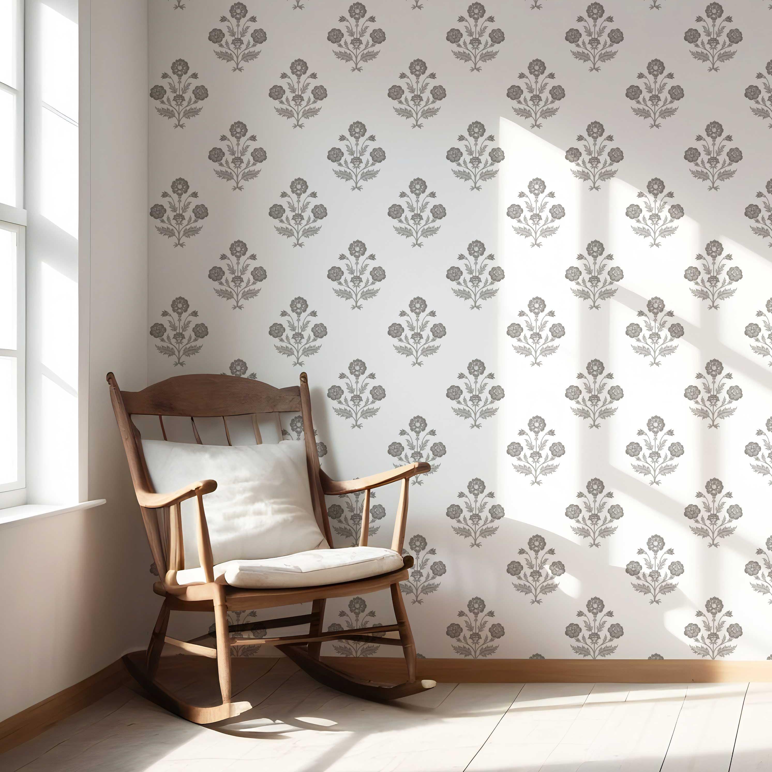 Neutral Floral Block Print Nursery Wallpaper (Stormy Gray/ Taupe/ White)
