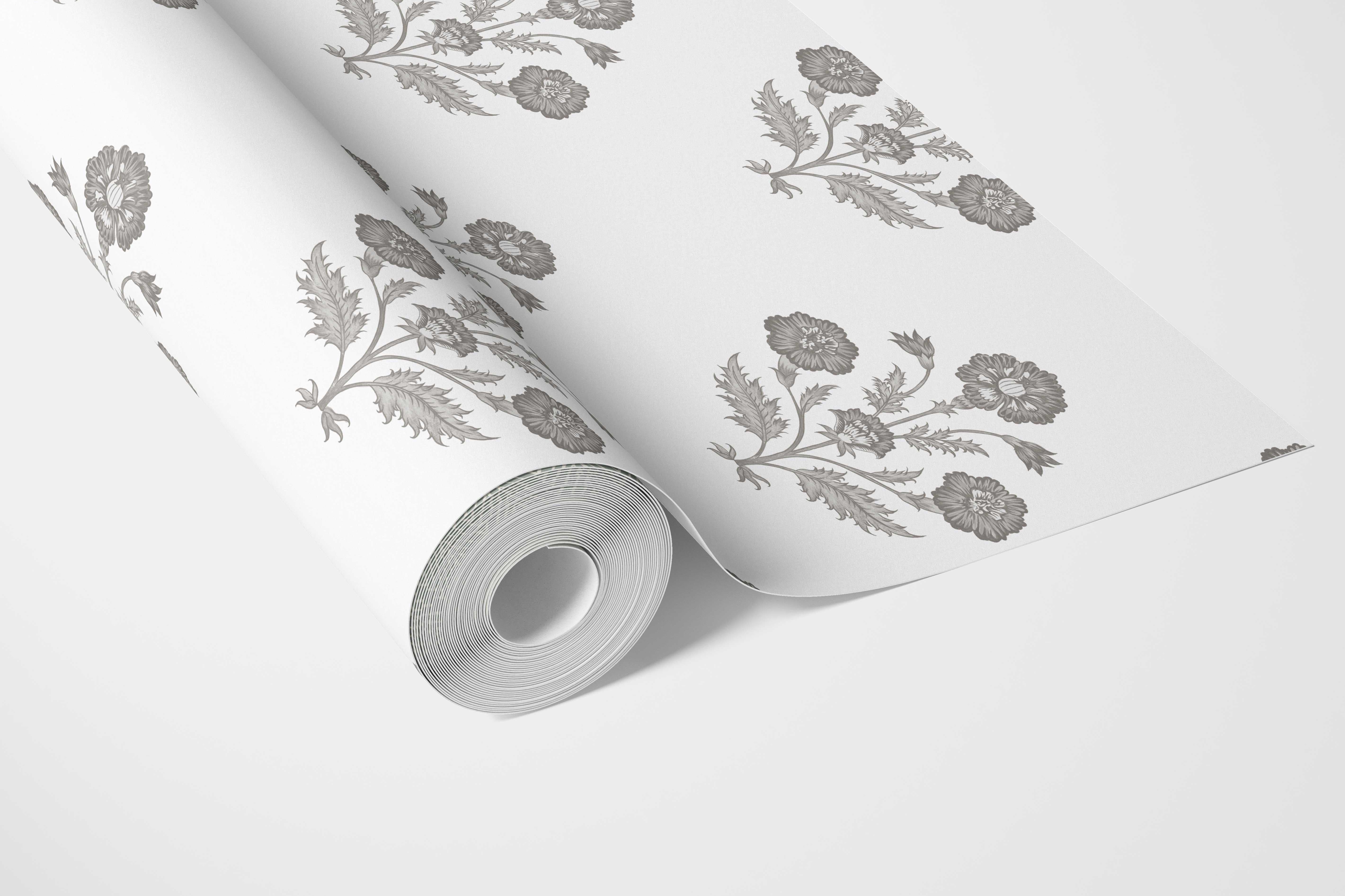 Neutral Floral Block Print Bathroom Wallpaper (Stormy Gray/ Taupe/ White)