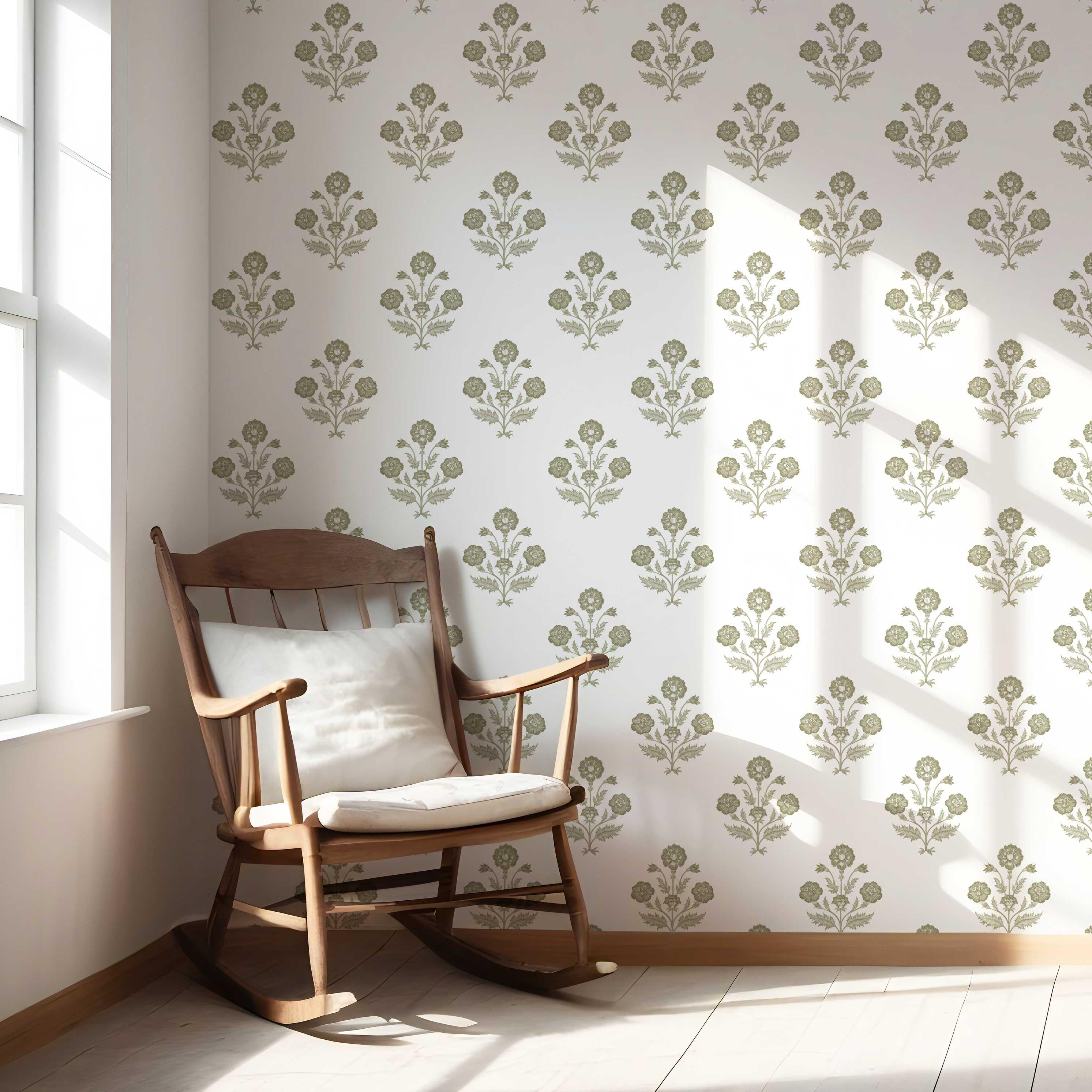 Floral Block Print Nursery Wallpaper Sample (Olive Green/ White)