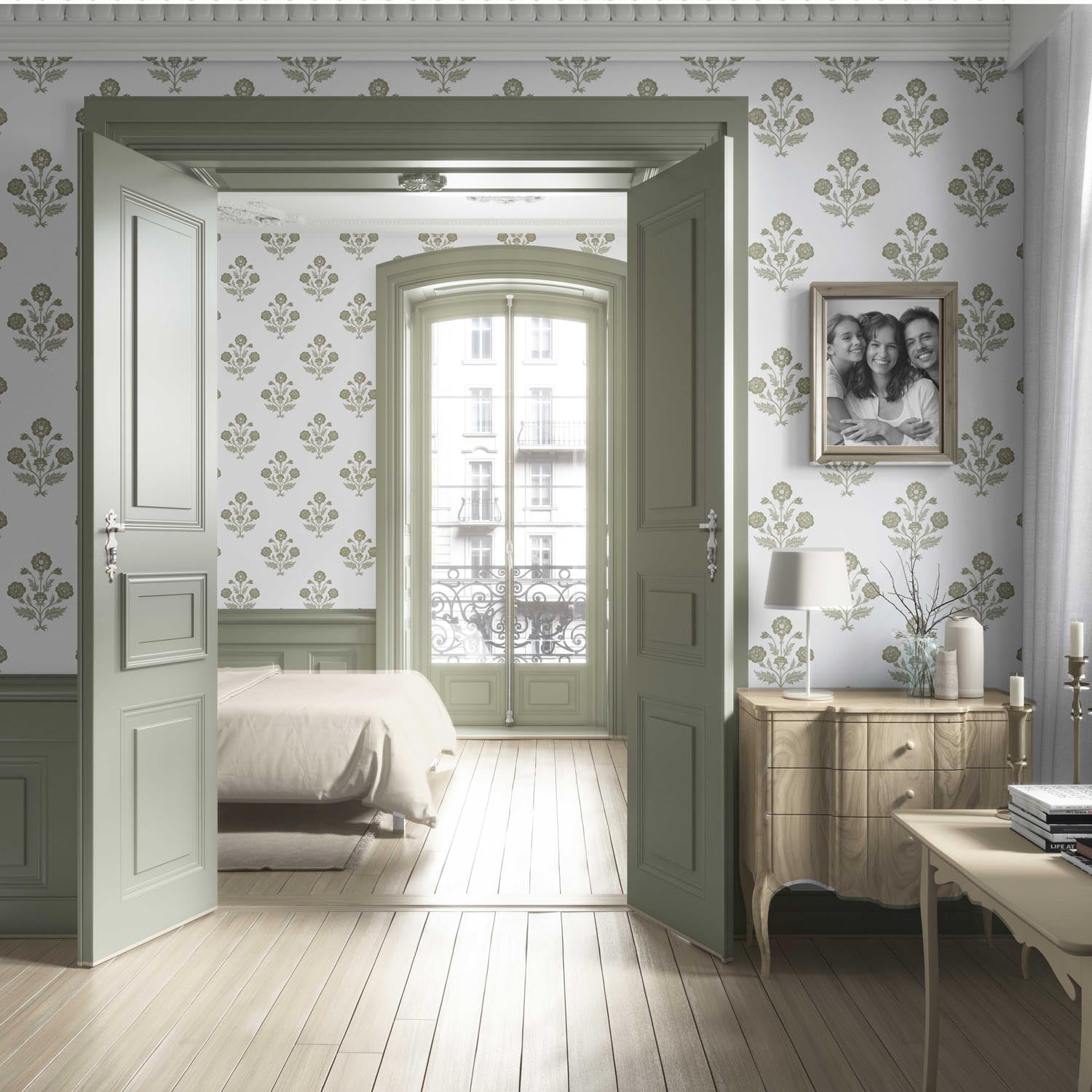 Floral Block Print Living Room Wallpaper Sample (Olive Green/ White)