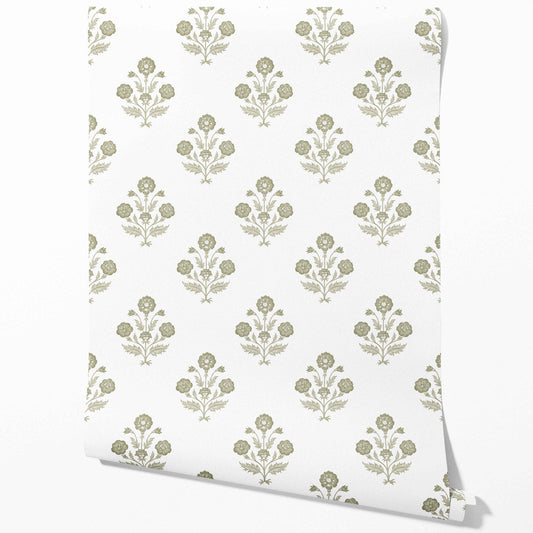 Floral Block Print Traditional Wallpaper (Olive Green/ White)