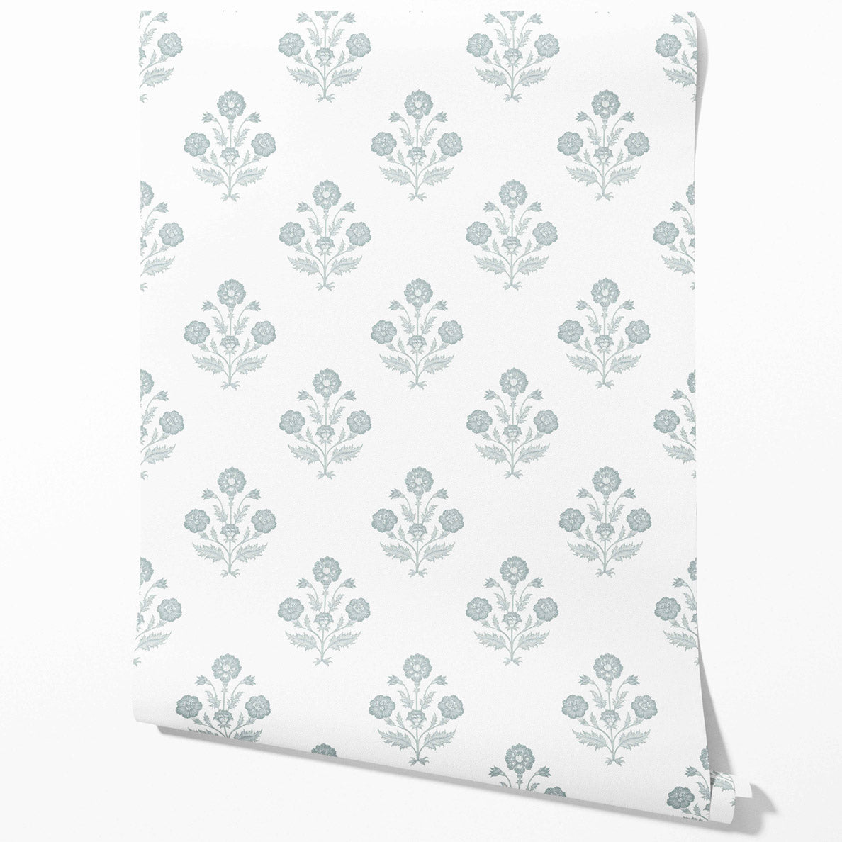 Floral Block Print Traditional Wallpaper Sample (Duck Egg Blue/ White)