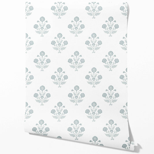 Floral Block Print Traditional Wallpaper Sample (Duck Egg Blue/ White)