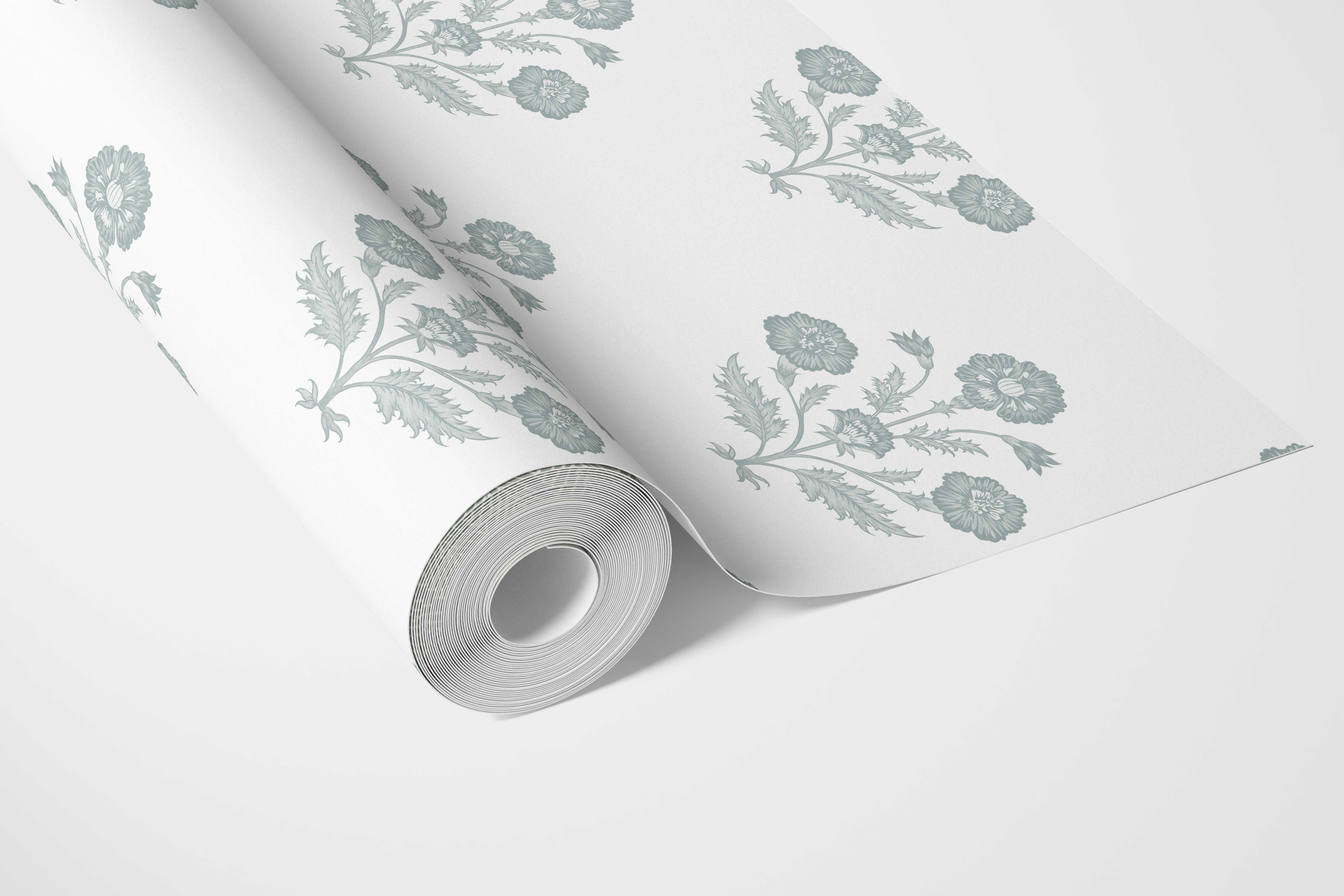 Floral Block Print Bathroom Wallpaper (Duck Egg Blue/ White)