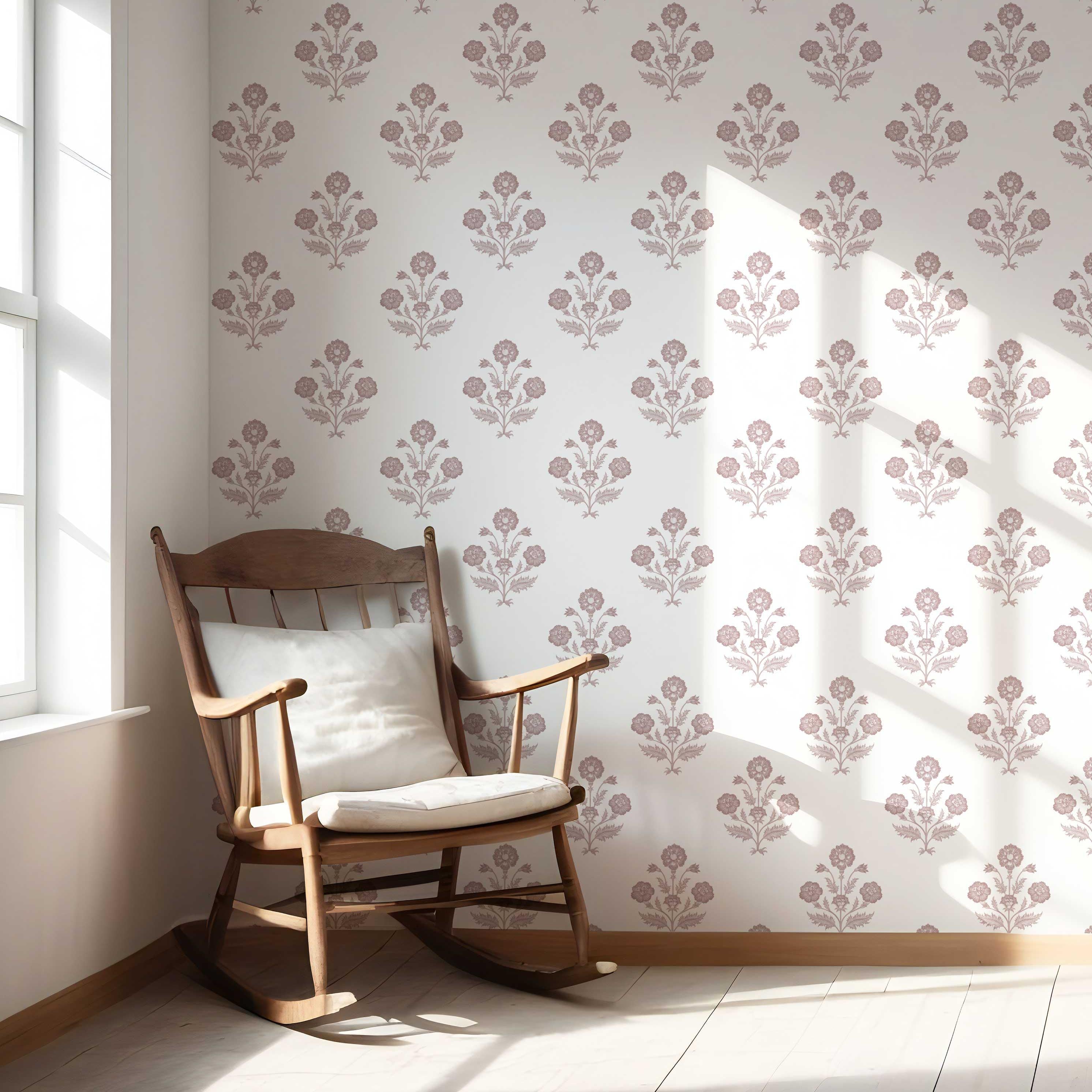 Floral Block Print Nursery Wallpaper Sample (Light Rose Pink/ White)