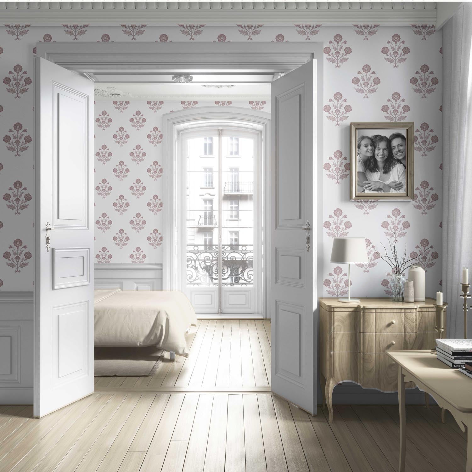 Floral Block Print Living Room Wallpaper (Light Rose Pink/ White)