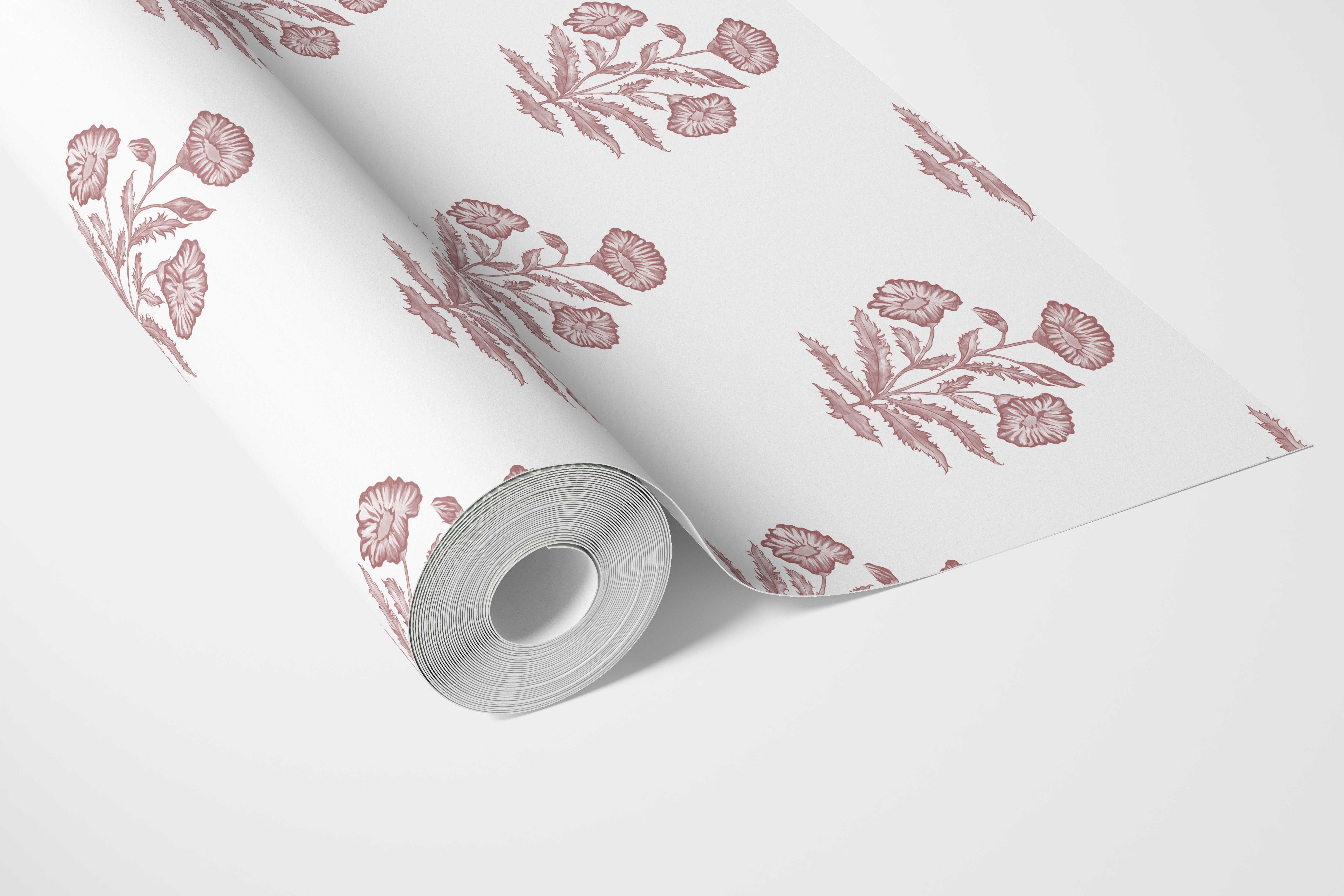 Floral Block Print Bathroom Wallpaper Sample (Pink/ White)