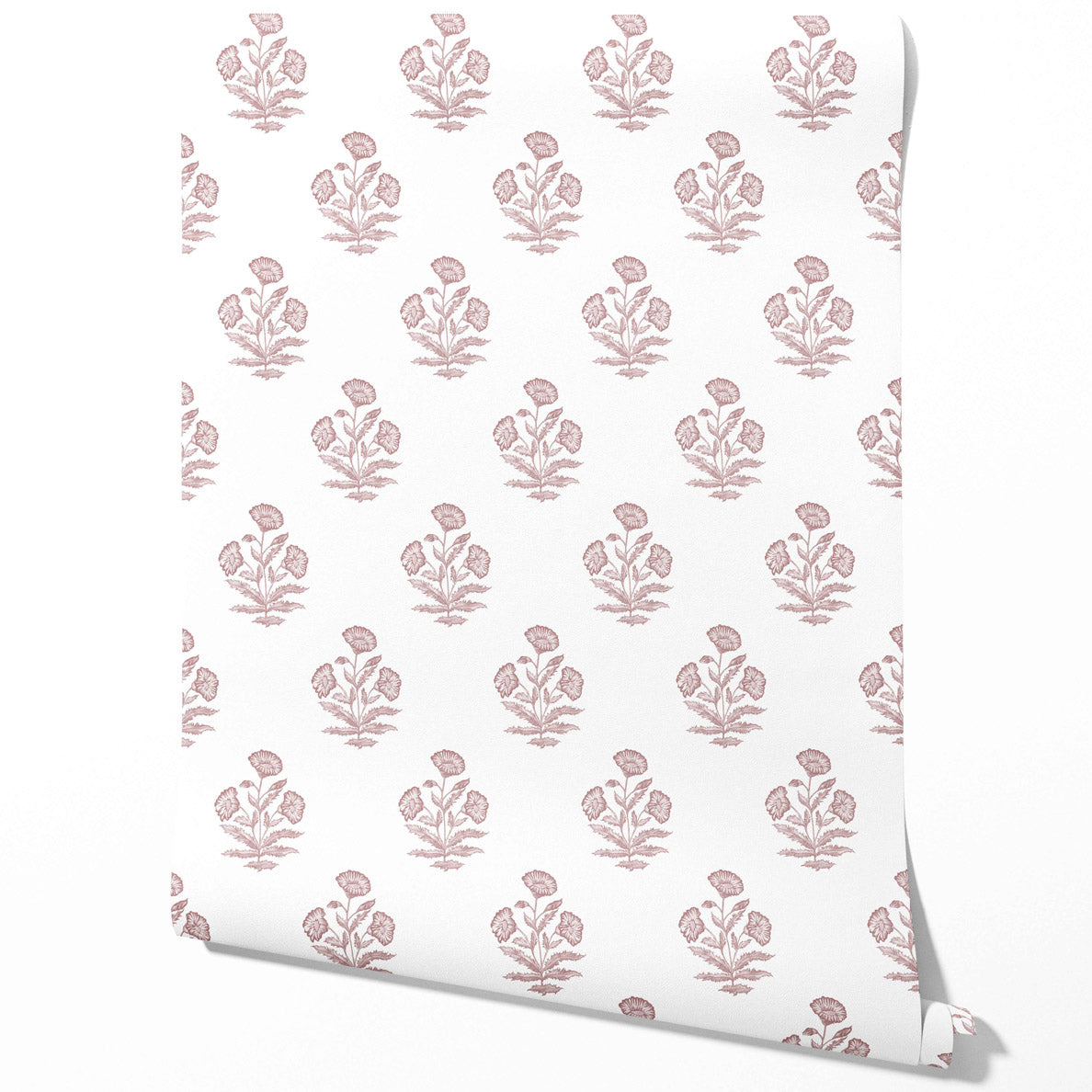 Floral Block Print Traditional Wallpaper (Light Pink/ White)