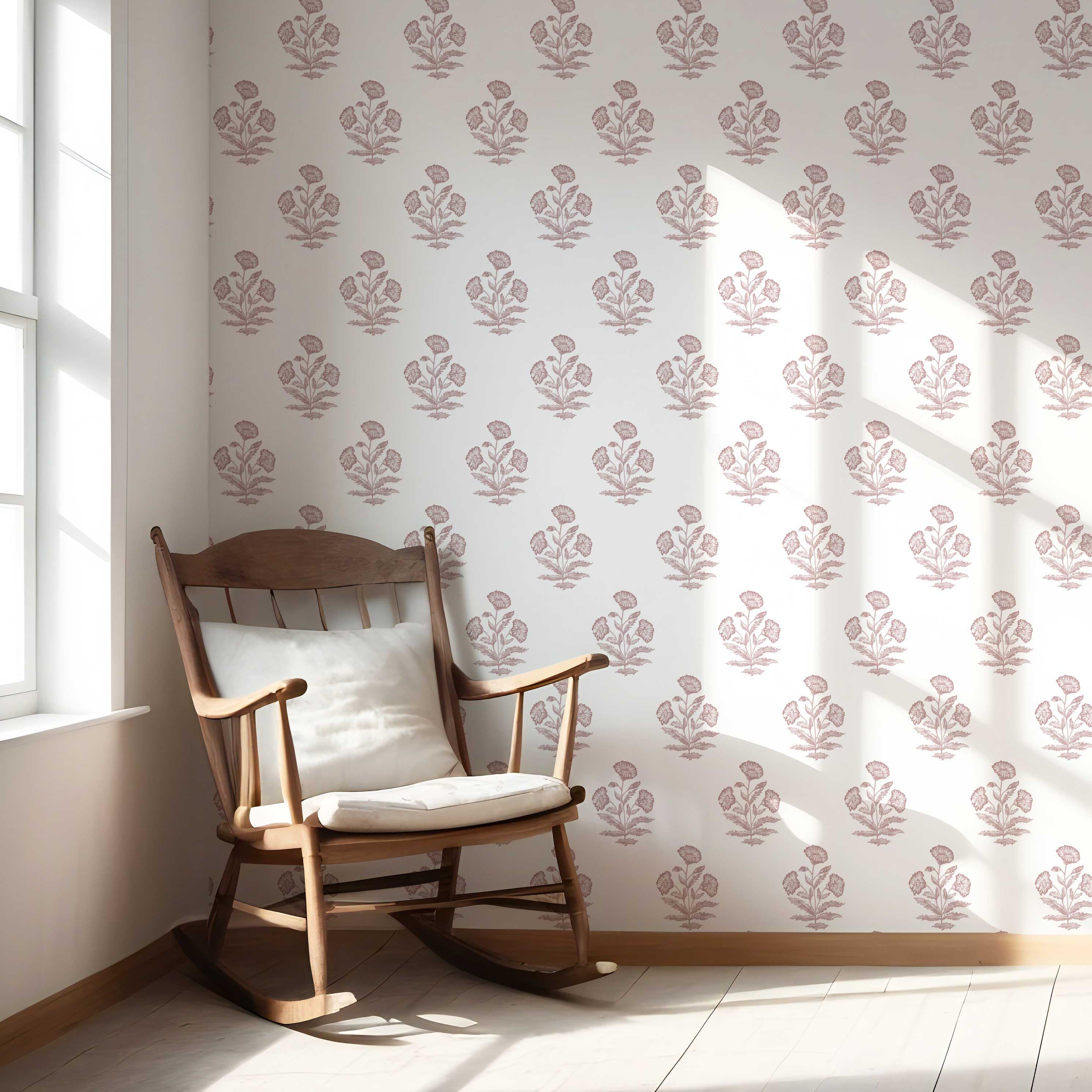 Floral Block Print Nursery Wallpaper (Light Pink/ White)