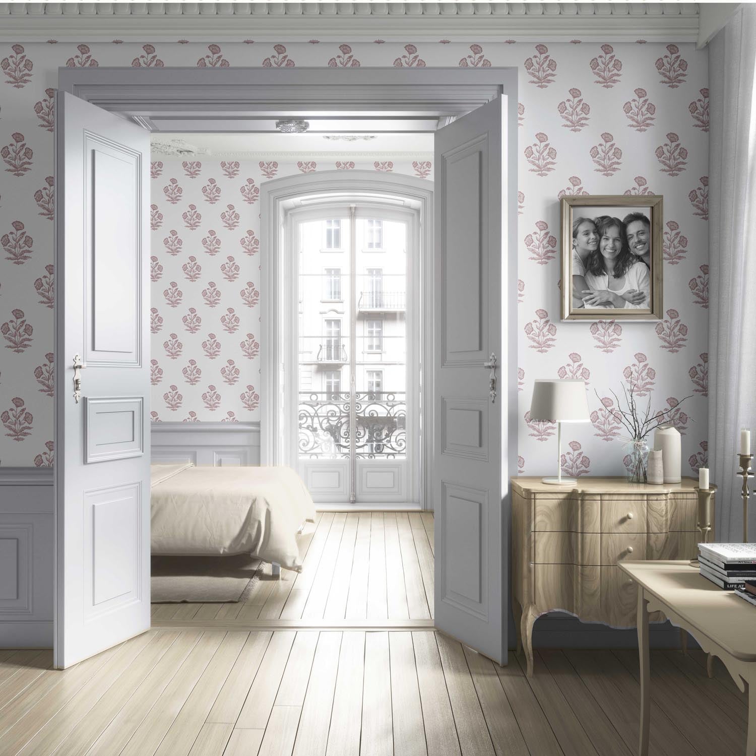 Floral Block Print Living Room Wallpaper (Light Pink/ White)