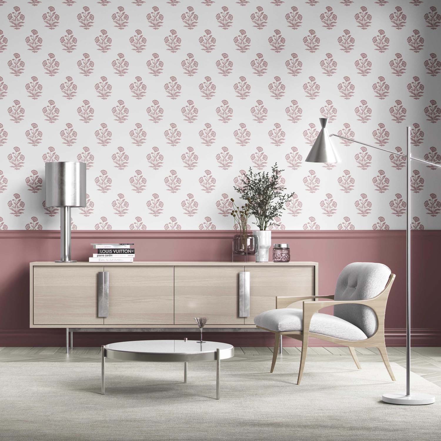 Floral Block Print Kitchen Wallpaper Sample (Light Pink/ White)