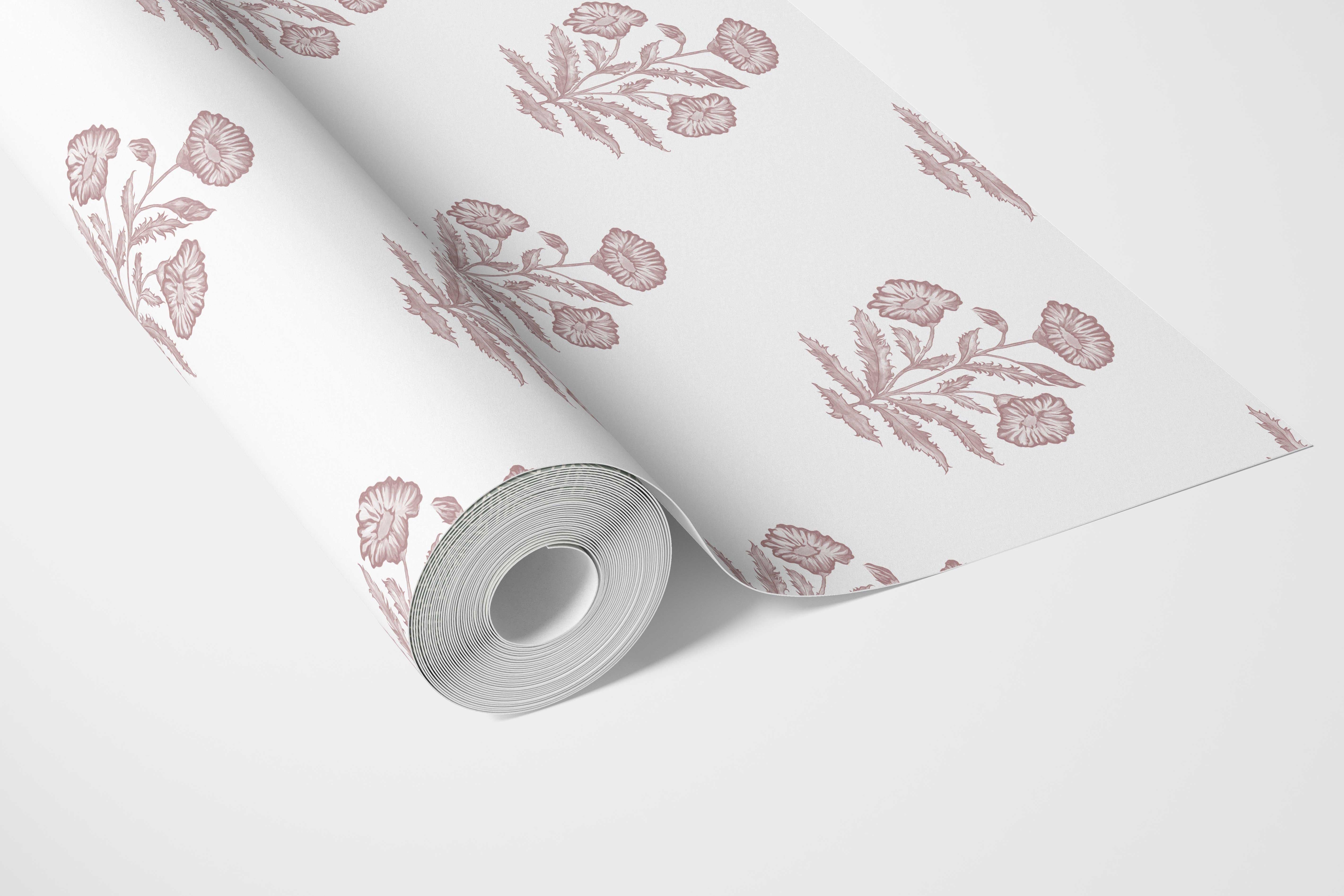 Floral Block Print Bathroom Wallpaper Sample (Light Pink/ White)