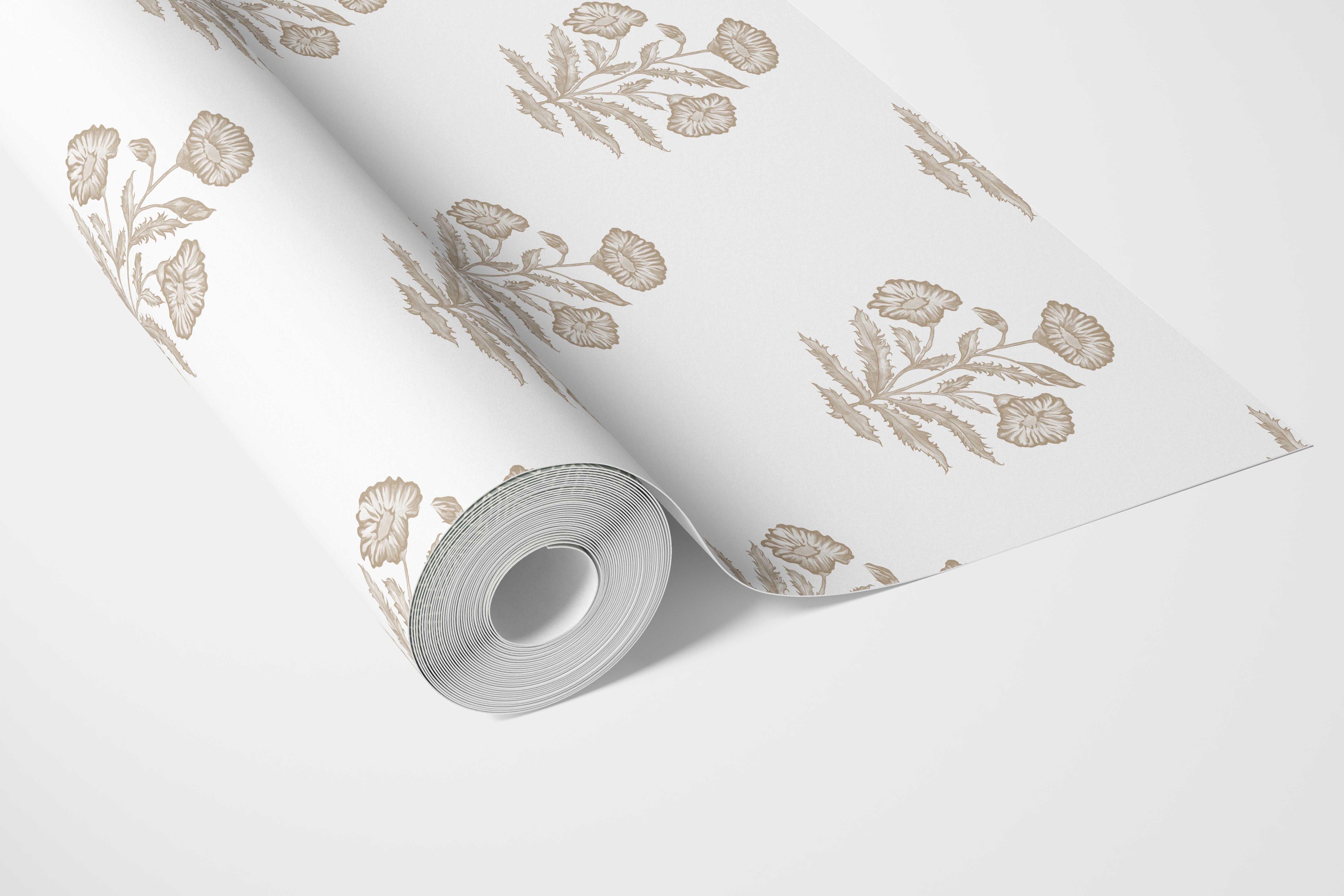 Neutral Floral Block Print Bathroom Wallpaper Sample (Beige/ Taupe/ White)