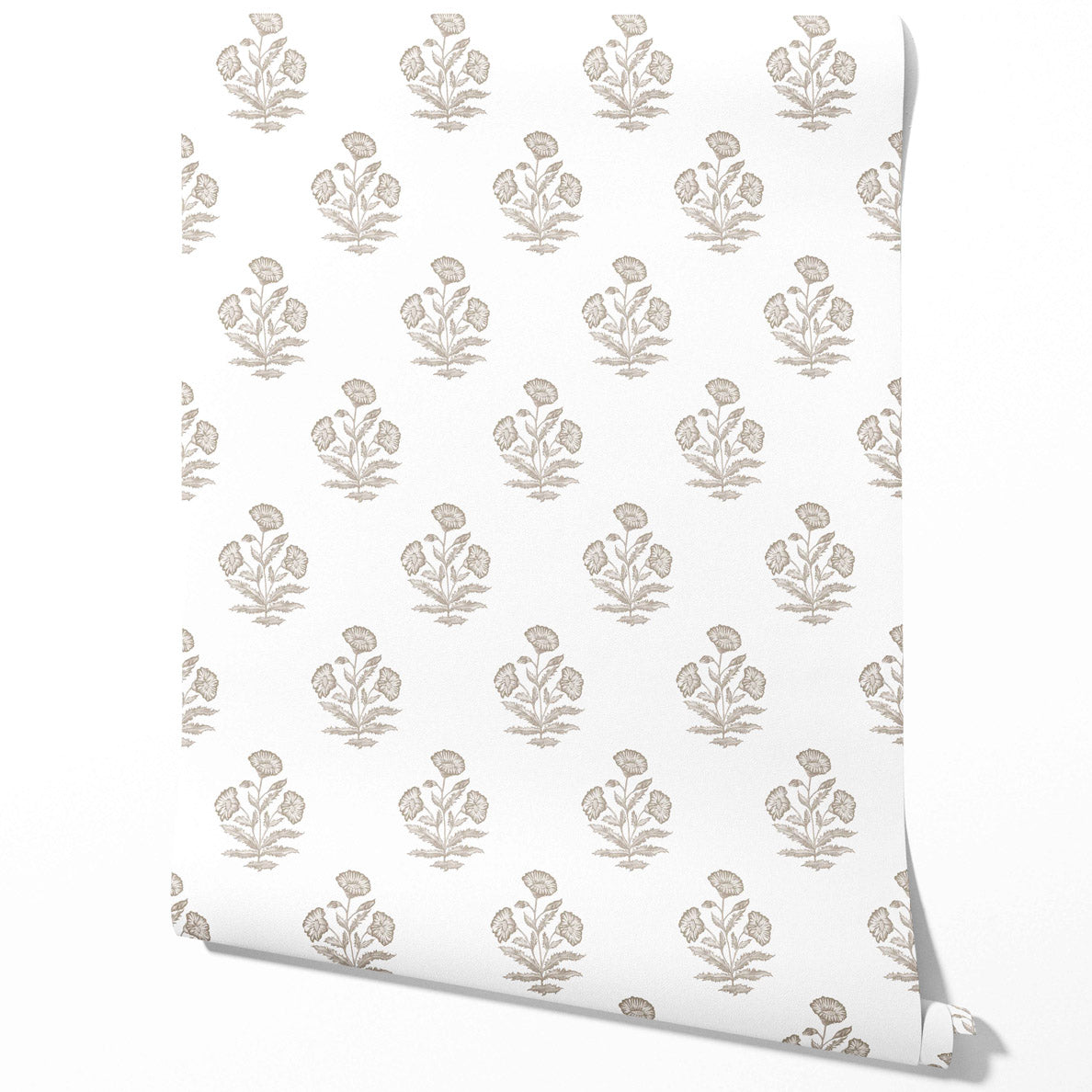 Neutral Floral Block Print Traditional Wallpaper Sample (Greige/ Warm Gray/ White)