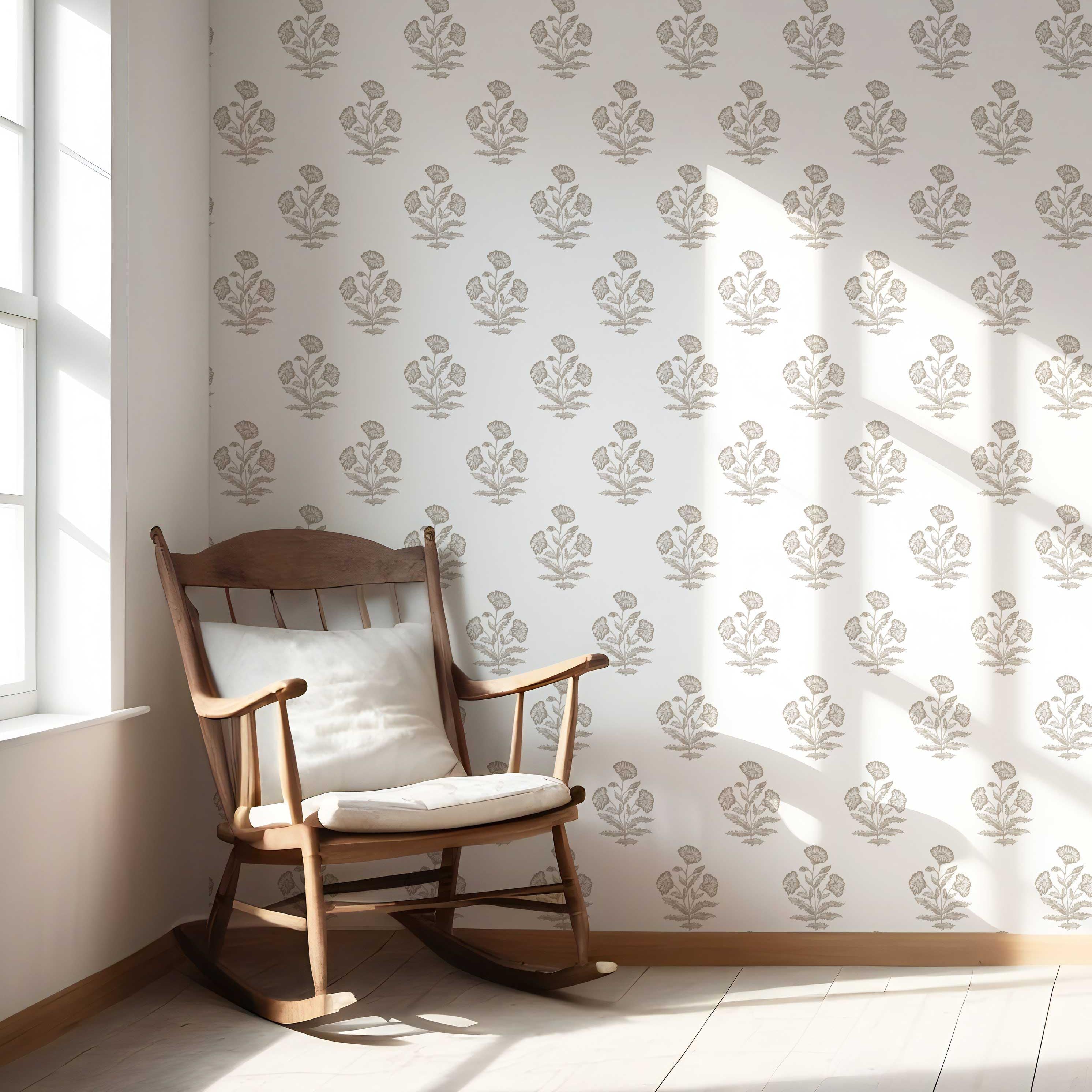 Neutral Floral Block Print Nursery Wallpaper Sample (Greige/ Warm Gray/ White)