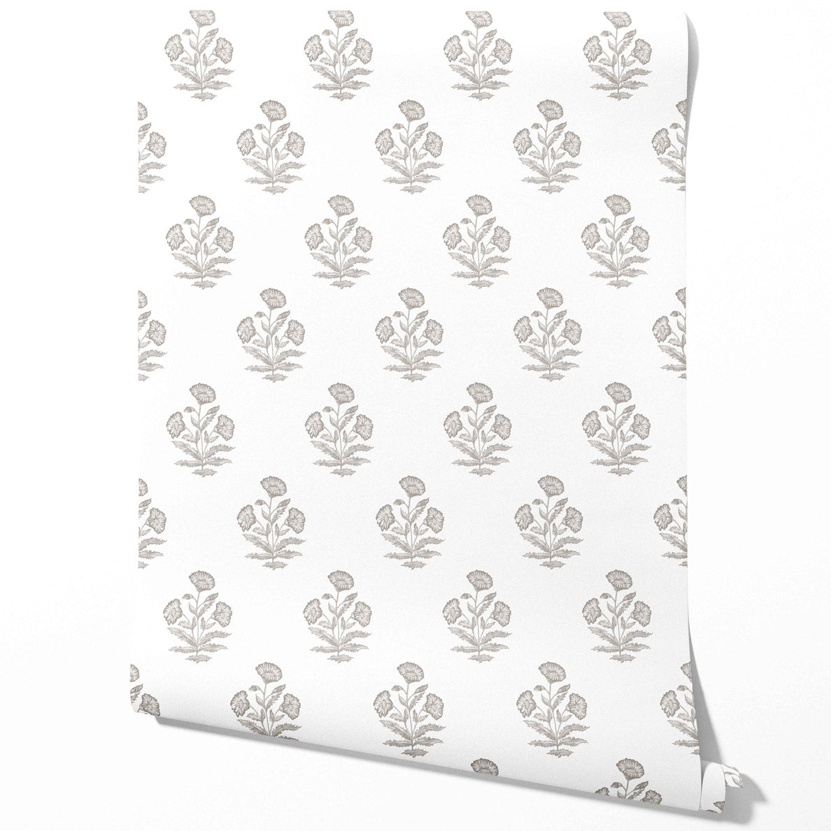 Neutral Floral Block Print Traditional Wallpaper Sample (Gray/ White)