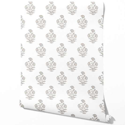 Neutral Floral Block Print Traditional Wallpaper Sample (Gray/ White)