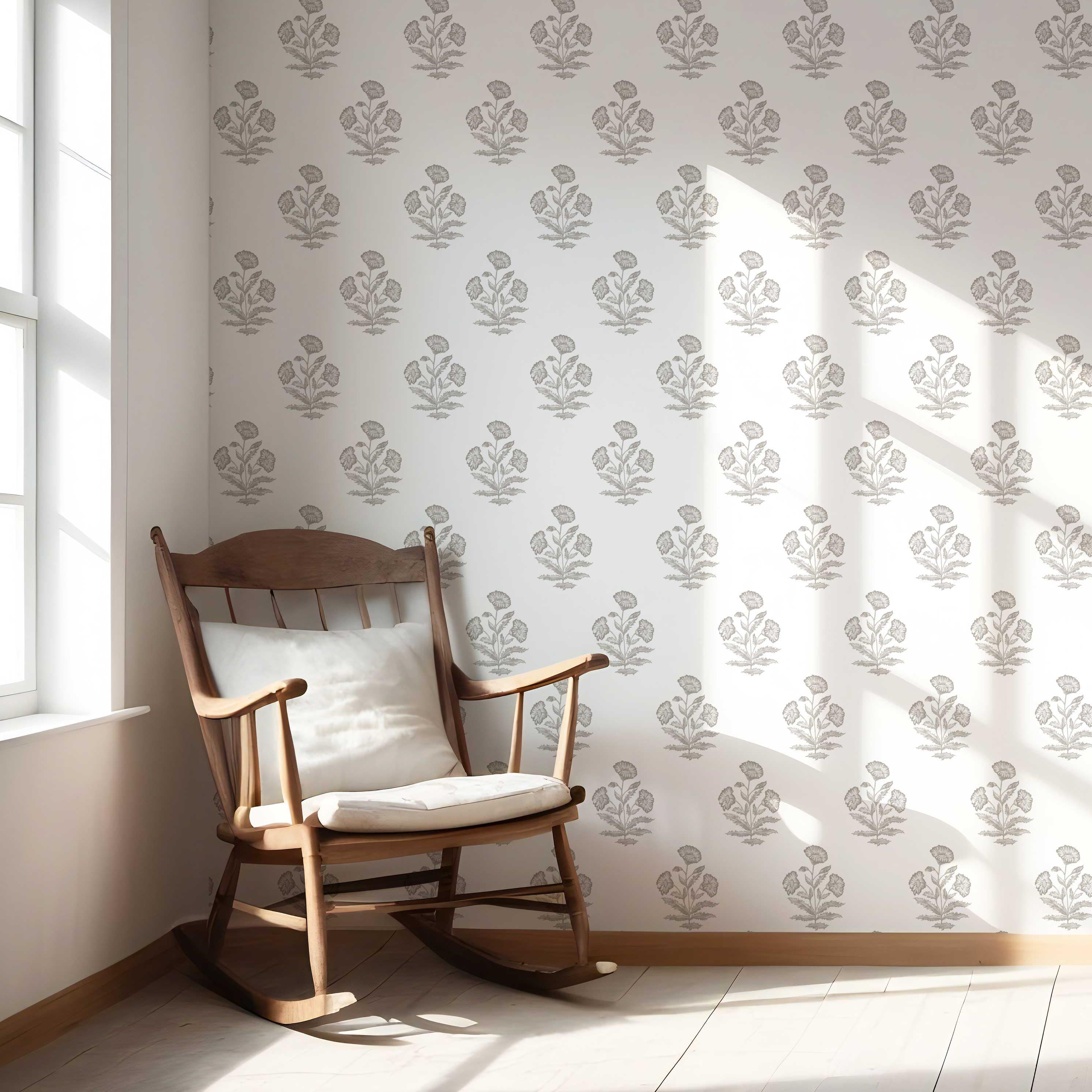 Neutral Floral Block Print Nursery Wallpaper Sample (Gray/ White)