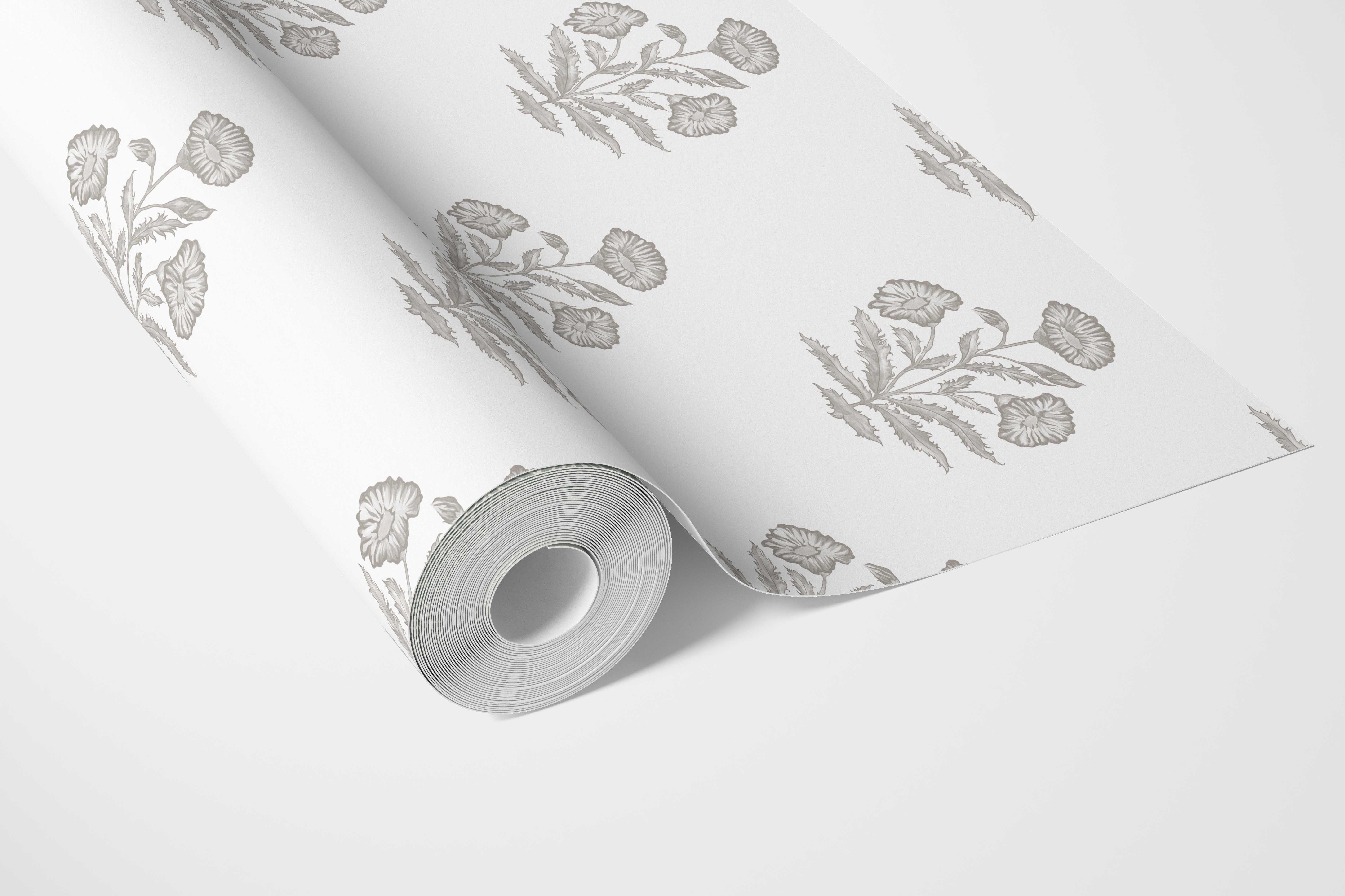 Neutral Floral Block Print Bathroom Wallpaper (Gray/ White)