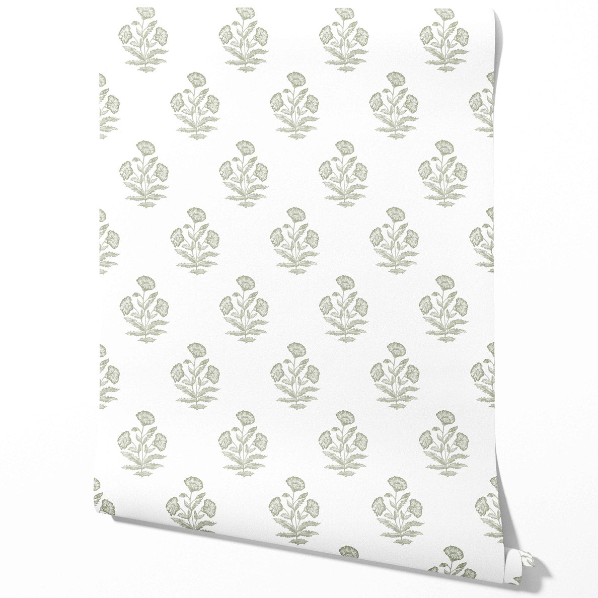 Floral Block Print Traditional Wallpaper Sample (Green/ White)