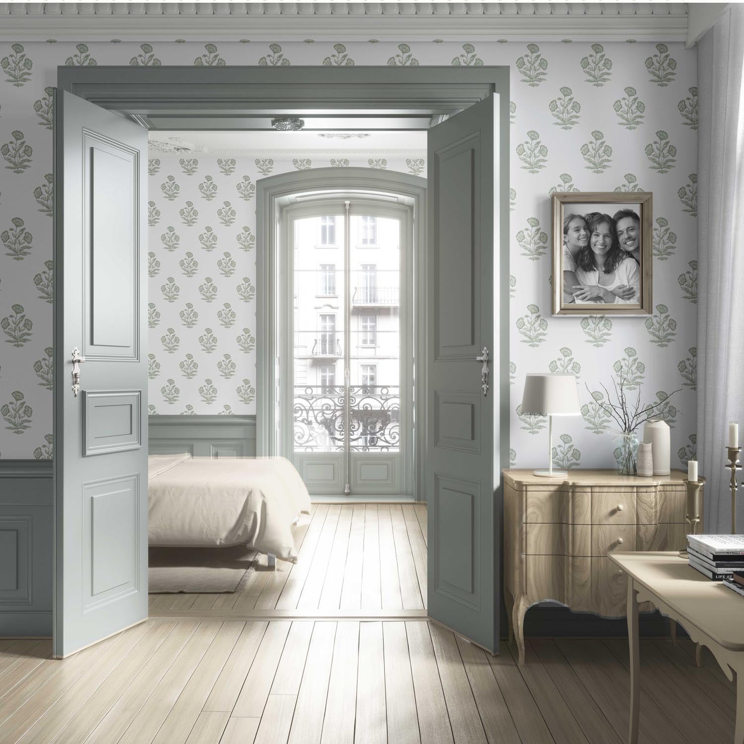 Floral Block Print Living Room Wallpaper Sample (Green/ White)