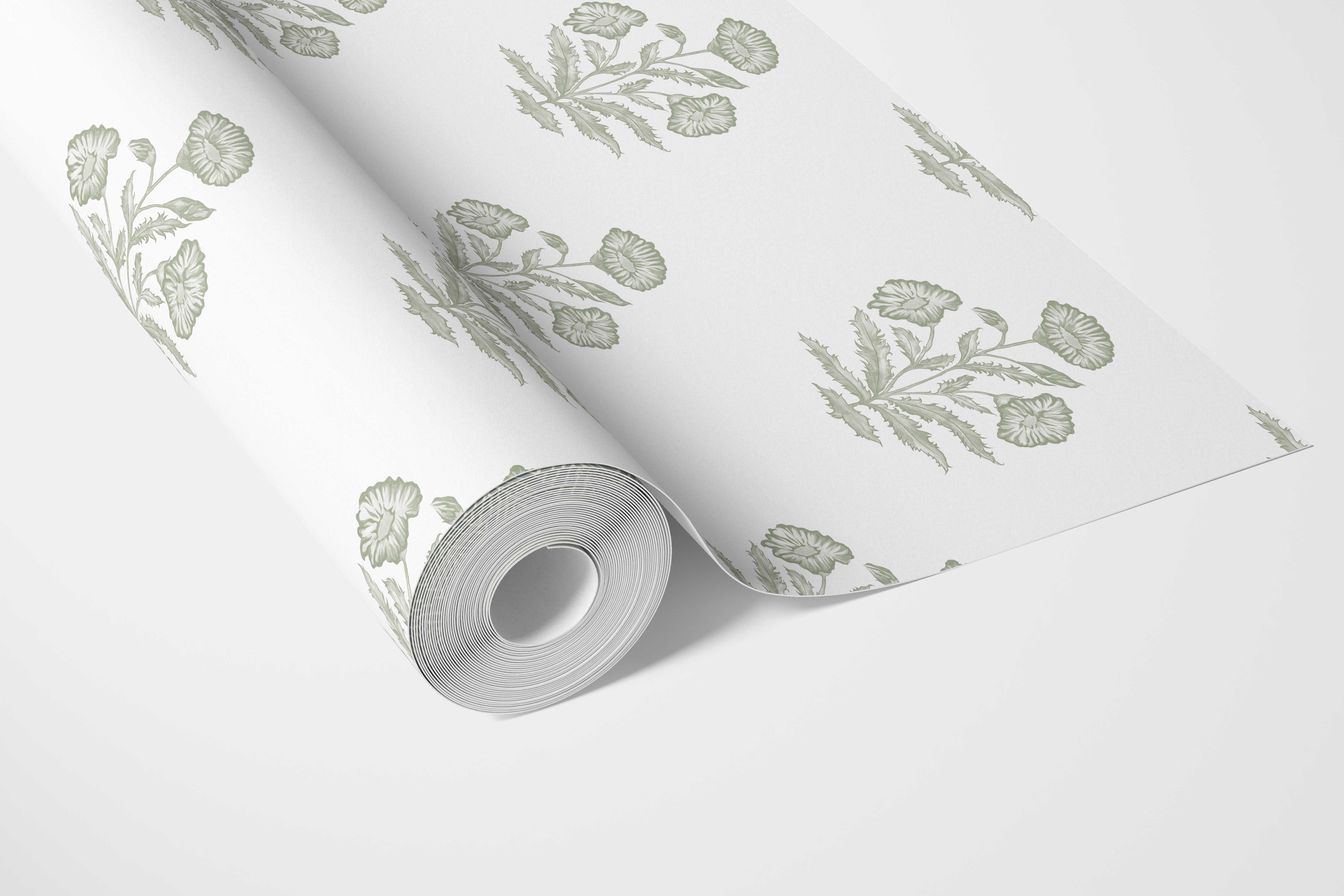 Floral Block Print Bathroom Wallpaper Sample (Green/ White)