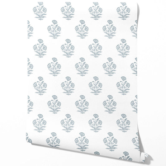 Floral Block Print Traditional Wallpaper Sample (Sage Blue/ White)