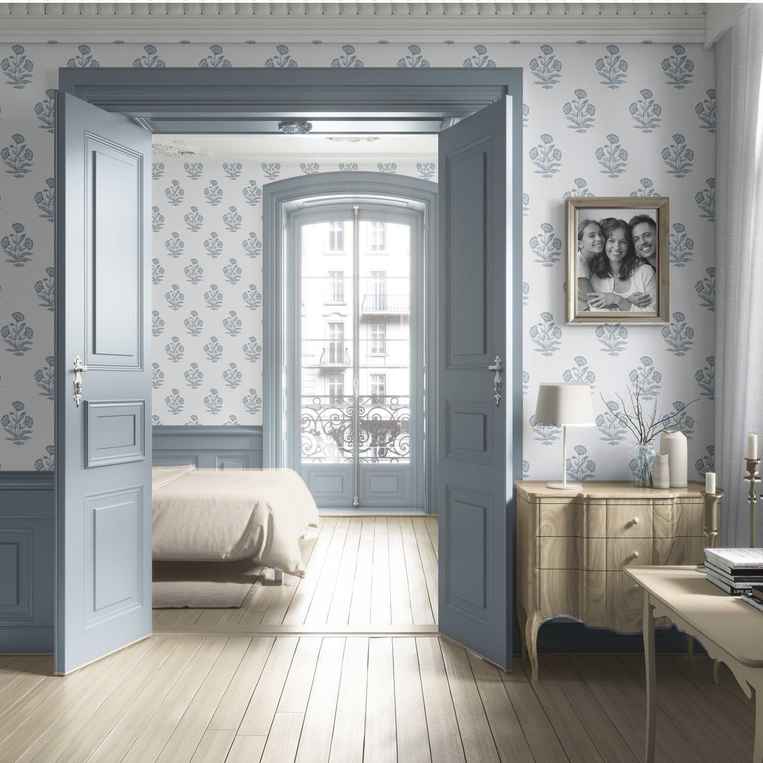 Floral Block Print Living Room Wallpaper Sample (Sage Blue/ White)