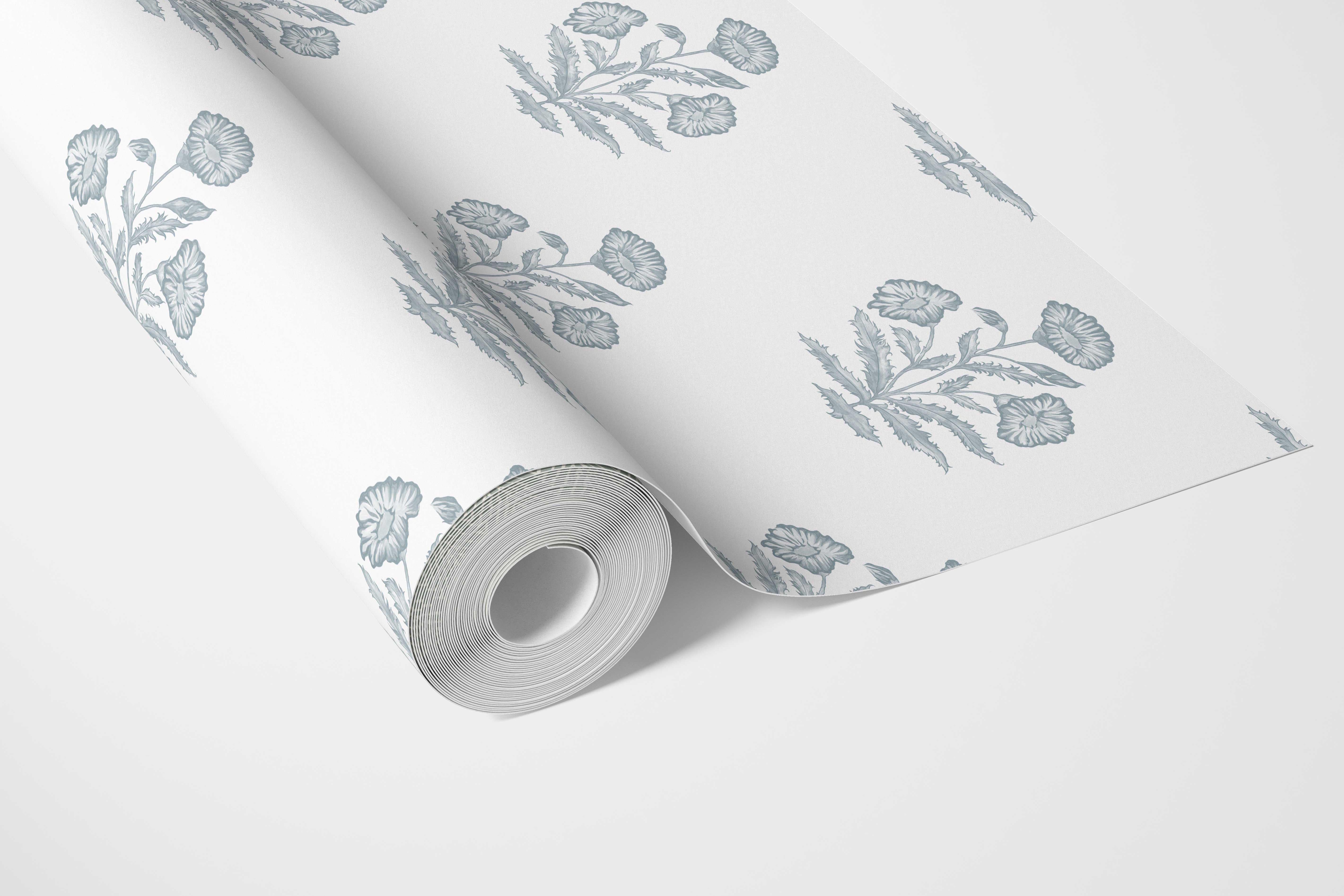 Floral Block Print Bathroom Wallpaper (Sage Blue/ White)