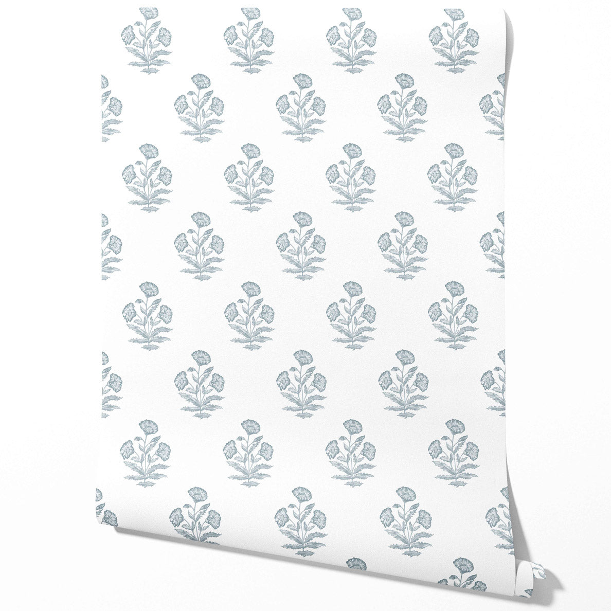 Floral Block Print Traditional Wallpaper (Sage Blue/ White)